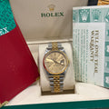 Rolex Datejust 36 ref 16233 two tone champagne index dial in its Rolex box with full one year warranty booklet at Adonia Jewellers in Yorkville, Toronto