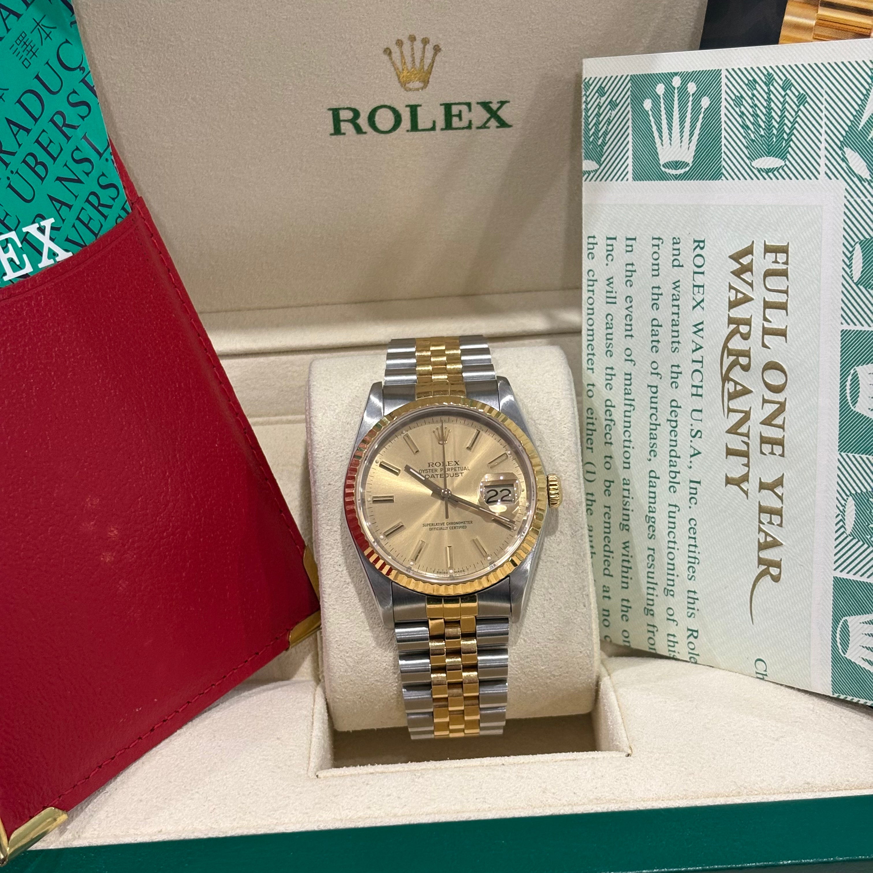 Rolex Datejust 36 ref 16233 two tone champagne index dial in its Rolex box with full one year warranty booklet at Adonia Jewellers in Yorkville, Toronto
