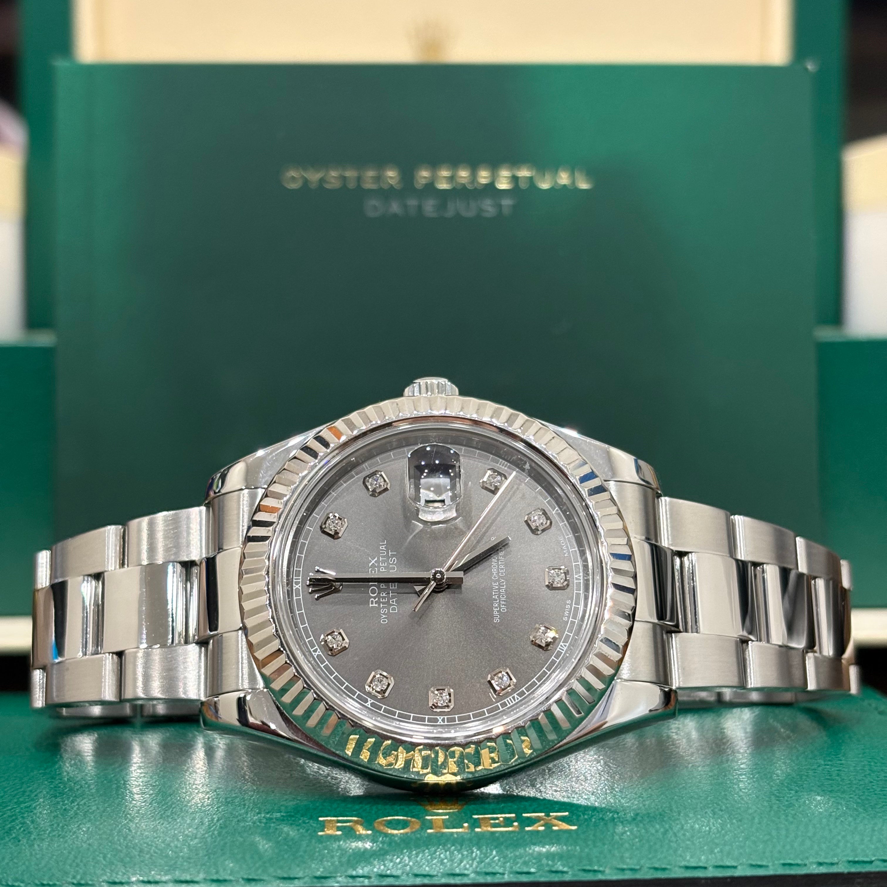 Rolex Datejust 41 ref 126334 slate diamond dial with white gold fluted bezel on Oyster bracelet at Adonia Jewellers in Yorkville, Toronto