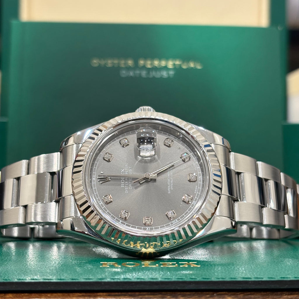 Rolex Datejust 41 126334 close view of the slate dial, diamond hour markers and date Cyclops