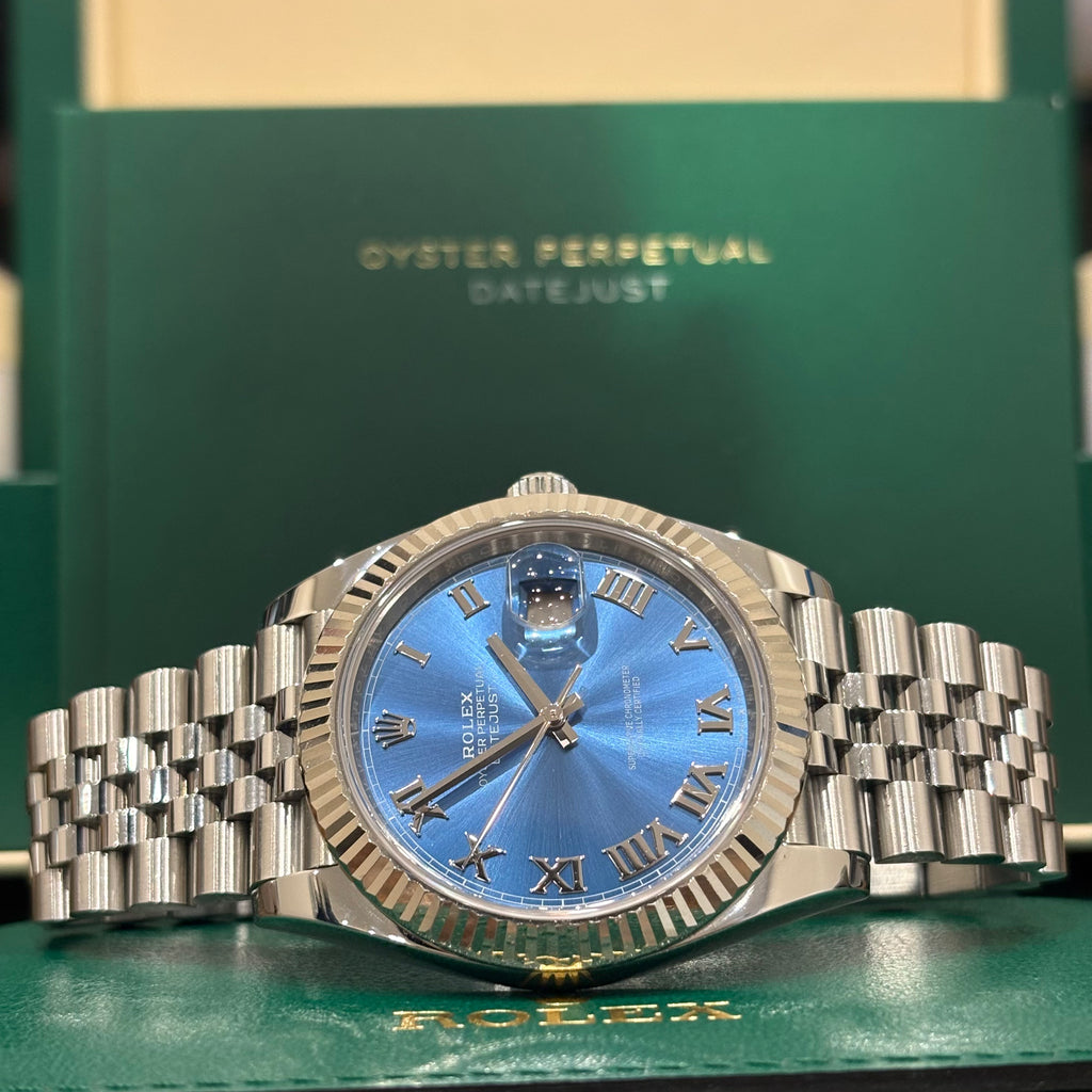 Rolex Datejust 41 ref 126334 Azzurro blue Roman dial with white gold fluted bezel on Jubilee bracelet at Adonia Jewellers in Yorkville, Toronto