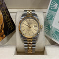 Rolex Datejust 36 two tone champagne tapestry dial on Jubilee bracelet in its Rolex box at Adonia Jewellers in Yorkville, Toronto