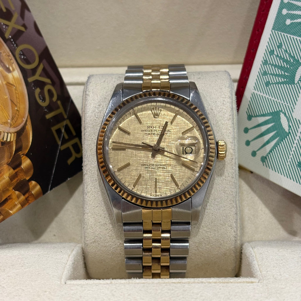 Rolex Datejust 36 two tone champagne linen dial on Jubilee bracelet in its Rolex box with Rolex Oyster booklet at Adonia Jewellers in Yorkville, Toronto