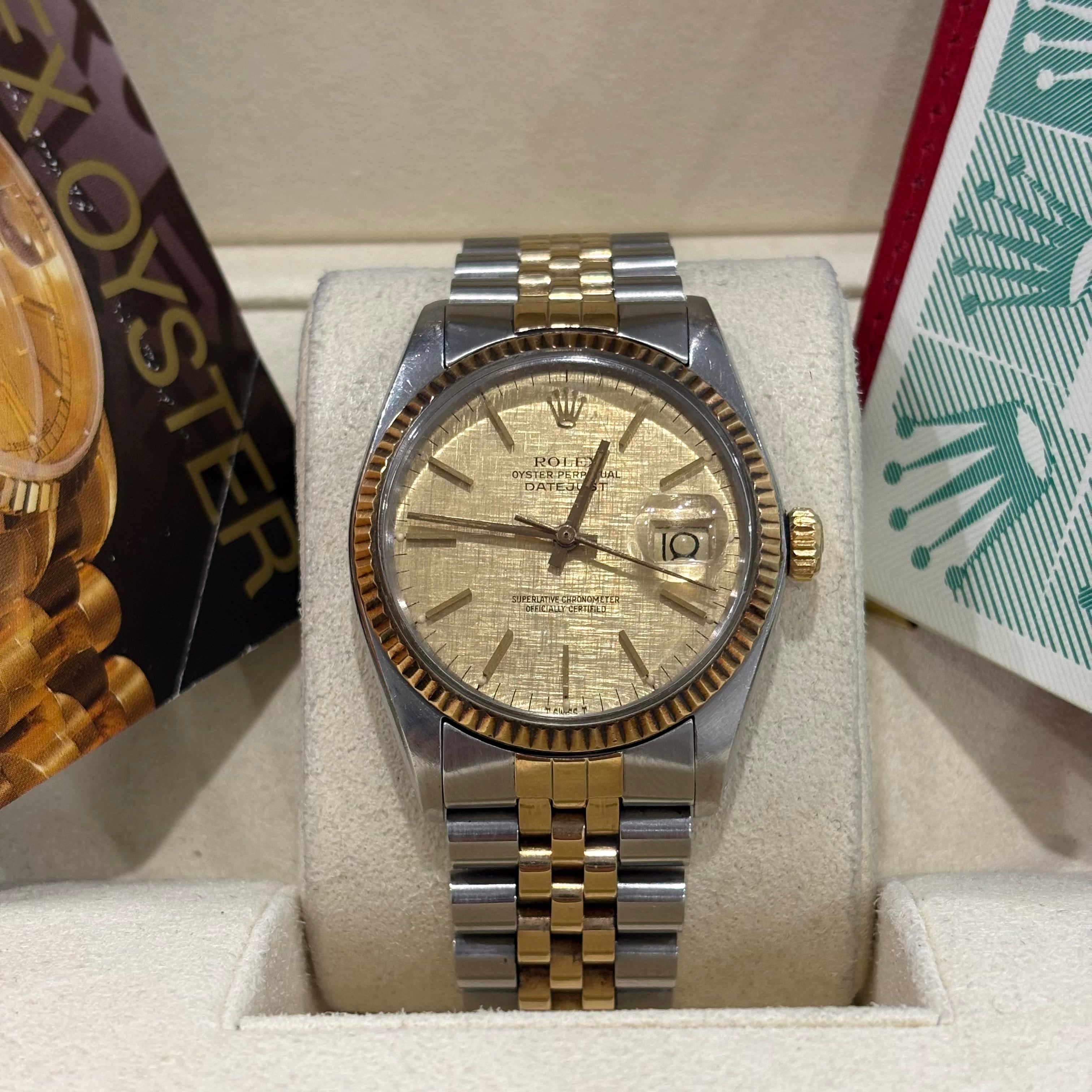 Rolex Datejust 36 two tone champagne linen dial on Jubilee bracelet in its Rolex box with Rolex Oyster booklet at Adonia Jewellers in Yorkville, Toronto