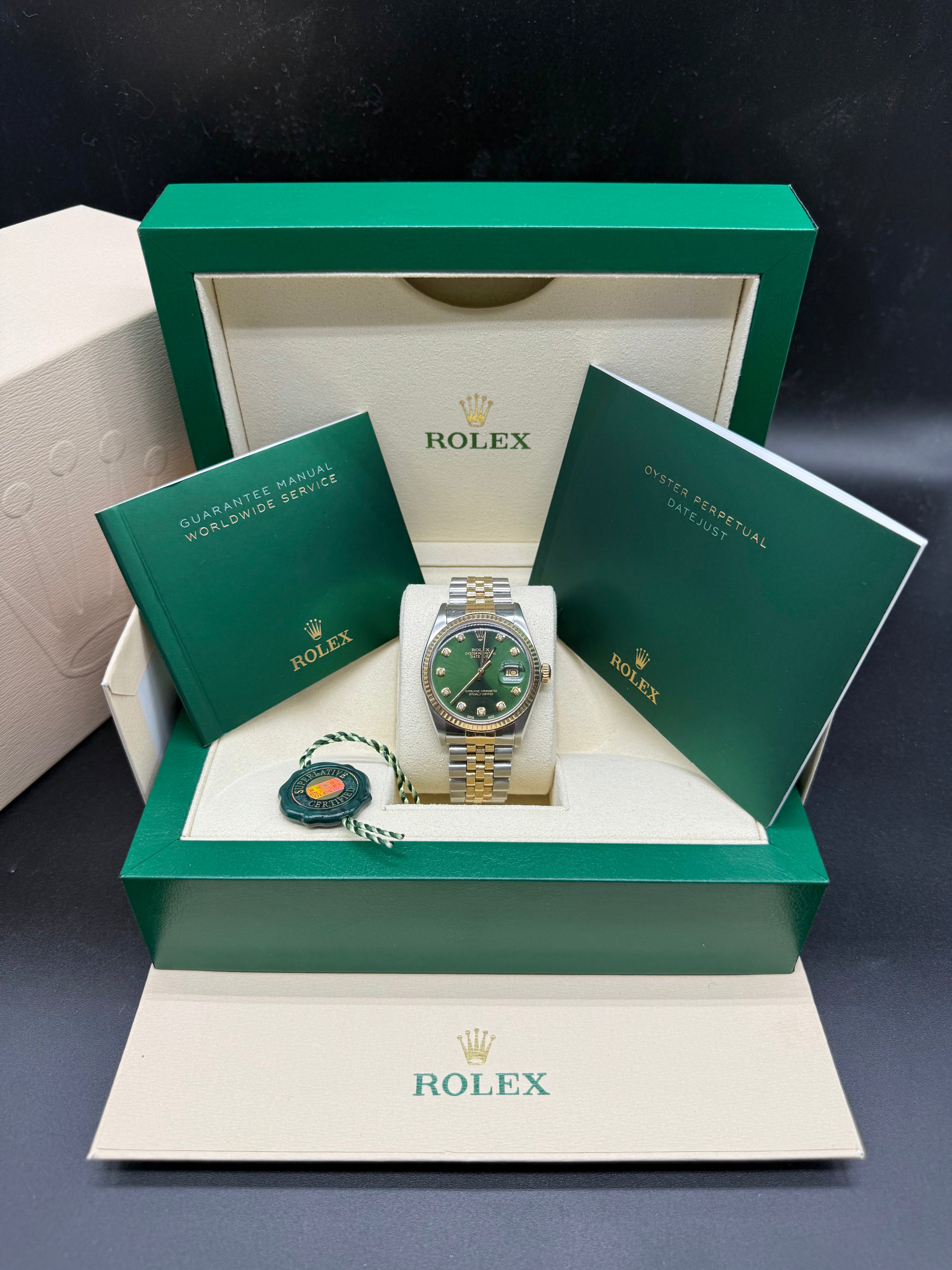Rolex Datejust 36mm Two-Tone Stainless Steel & 18K Yellow Gold Green Dial Diamond Hour Markers Fluted Bezel Jubilee Bracelet