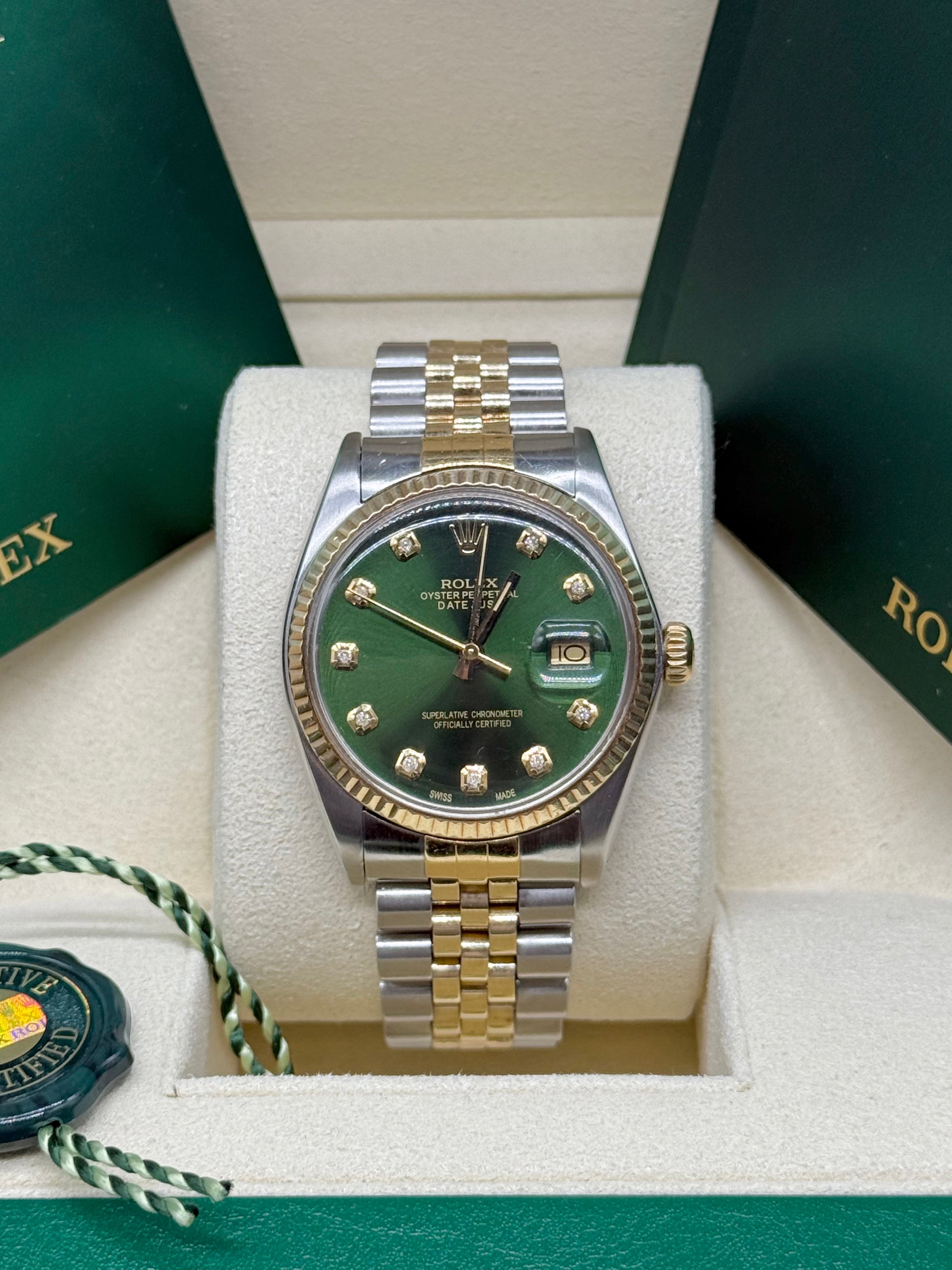 Rolex Datejust 36mm Two-Tone Stainless Steel & 18K Yellow Gold Green Dial Diamond Hour Markers Fluted Bezel Jubilee Bracelet