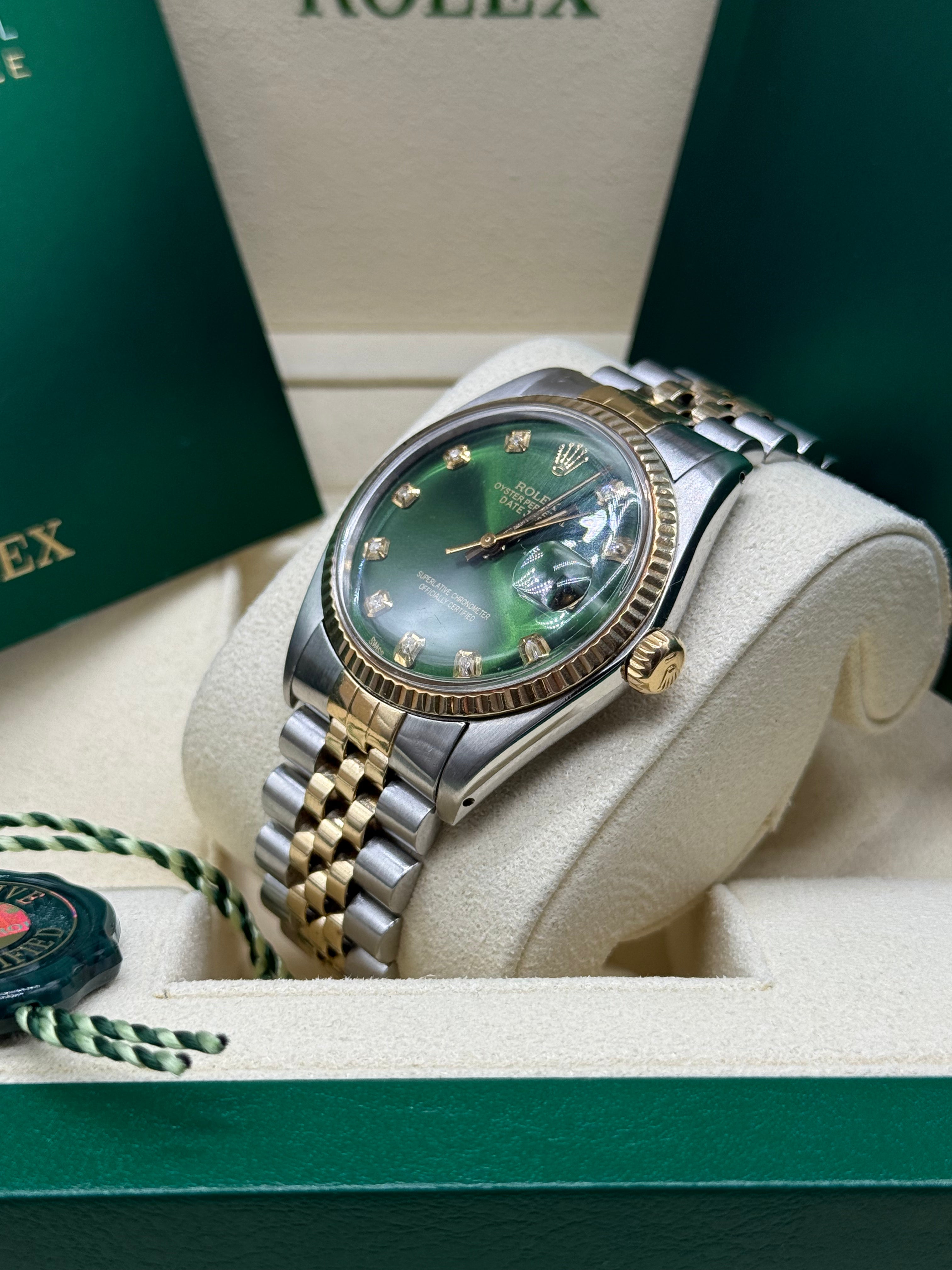 Rolex Datejust 36mm Two-Tone Stainless Steel & 18K Yellow Gold Green Dial Diamond Hour Markers Fluted Bezel Jubilee Bracelet