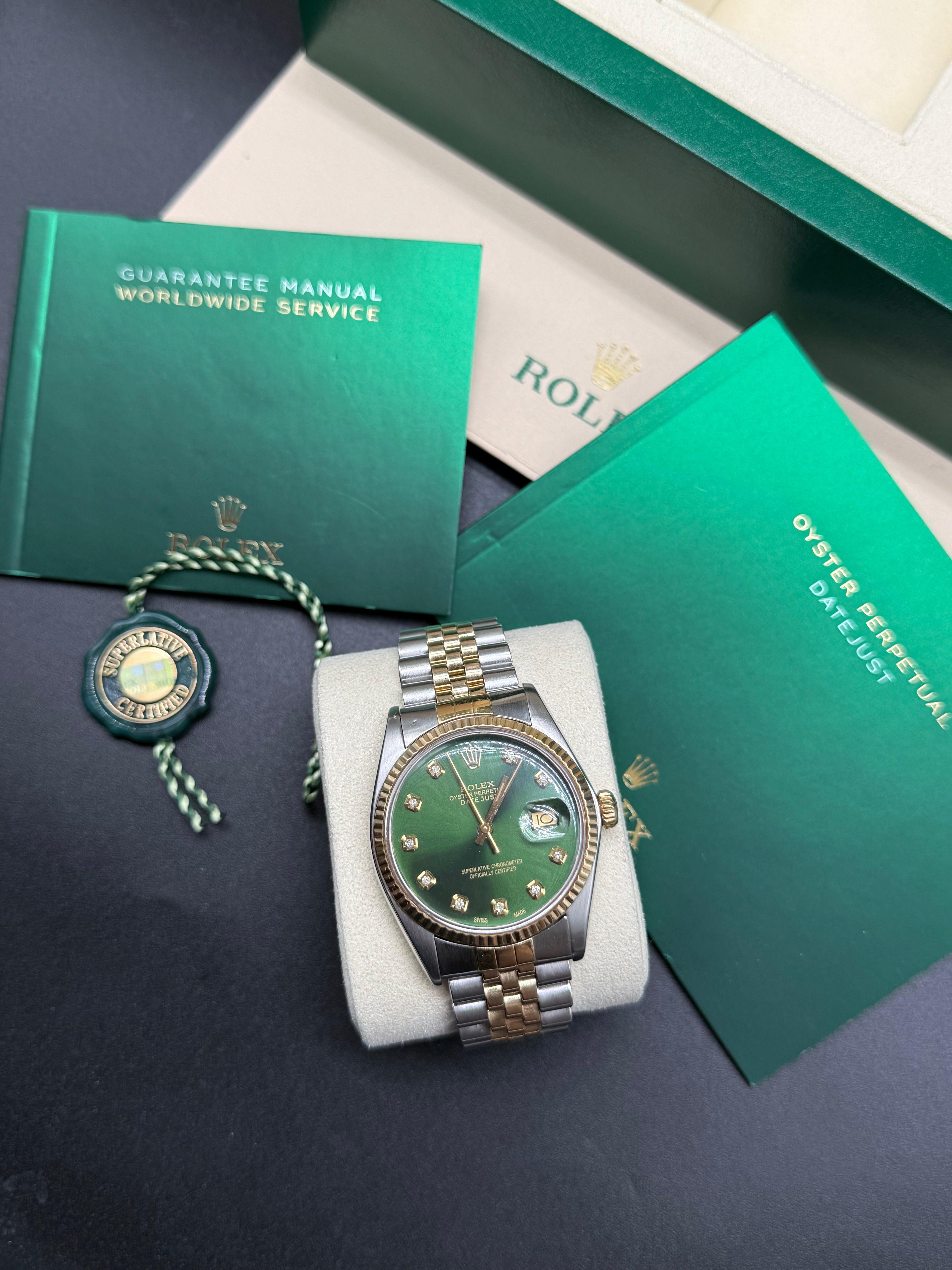 Rolex Datejust 36mm Two-Tone Stainless Steel & 18K Yellow Gold Green Dial Diamond Hour Markers Fluted Bezel Jubilee Bracelet