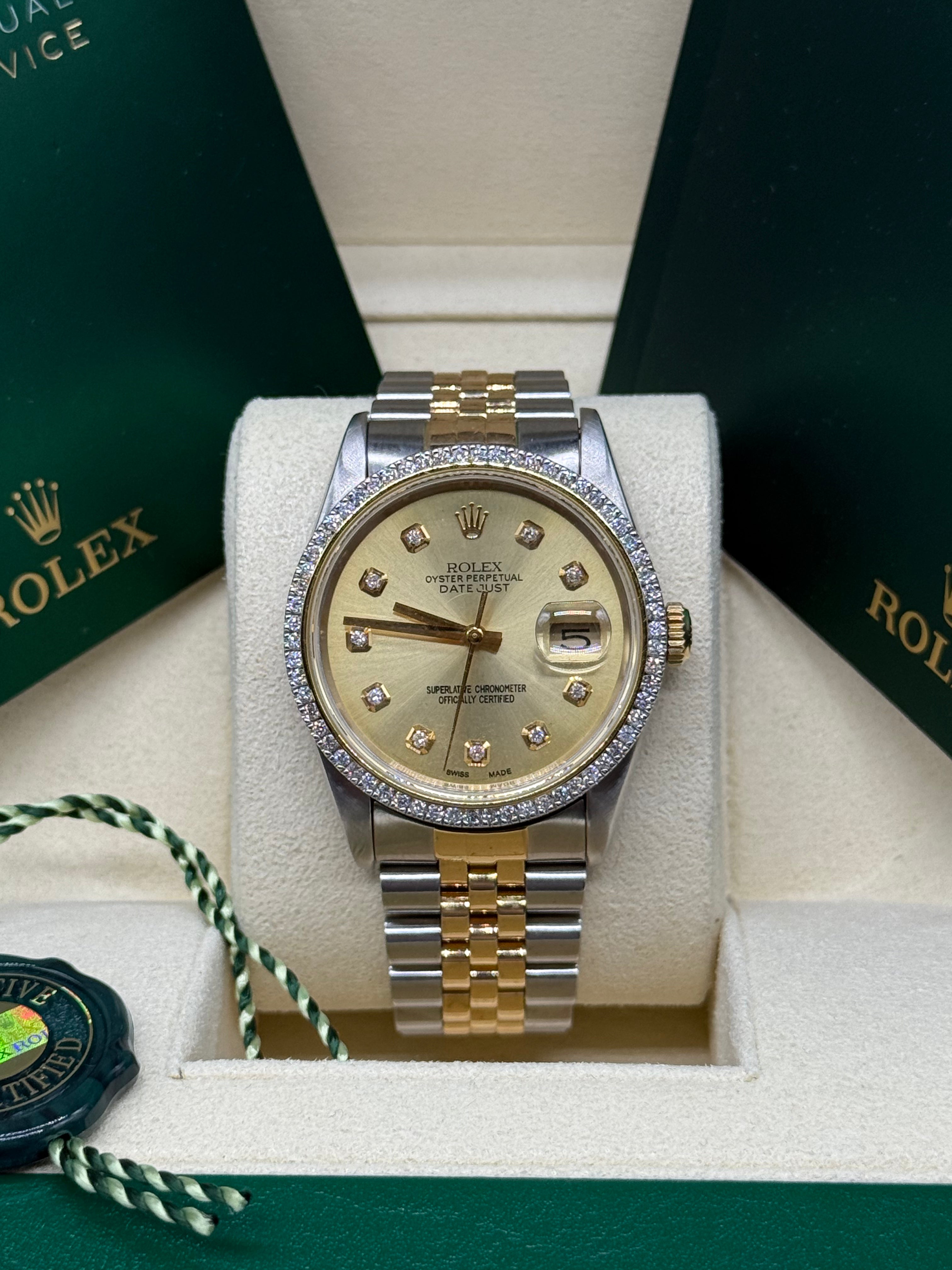 Rolex Datejust 36mm Two-Tone Stainless Steel & 18K Yellow Gold Champagne Diamond Dial & Natural Diamond Bezel