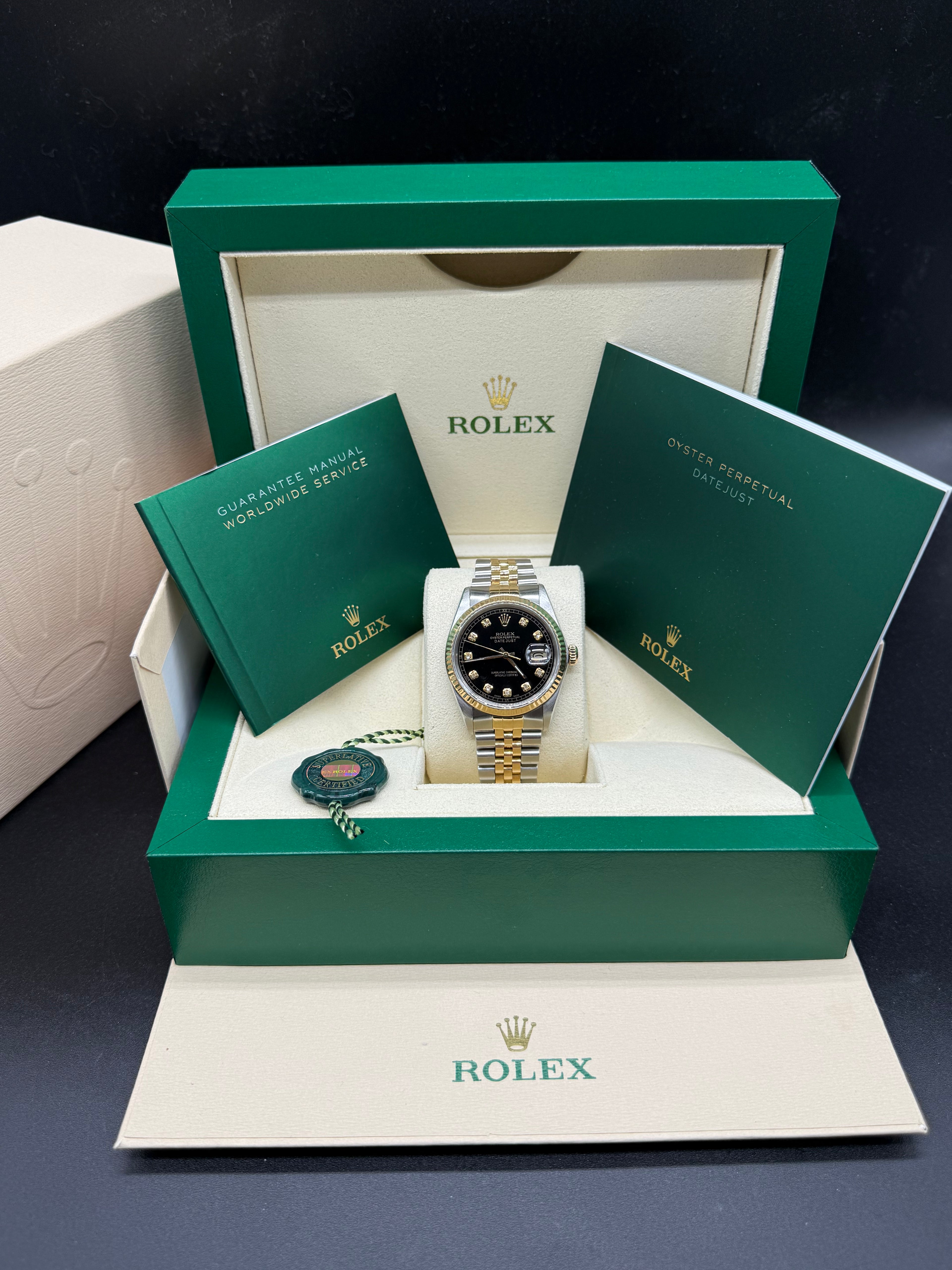 Rolex Datejust 36mm Two-Tone Stainless Steel & 18K Yellow Gold Black Dial Diamond Hour Markers Diamond Bezel Jubilee Bracelet