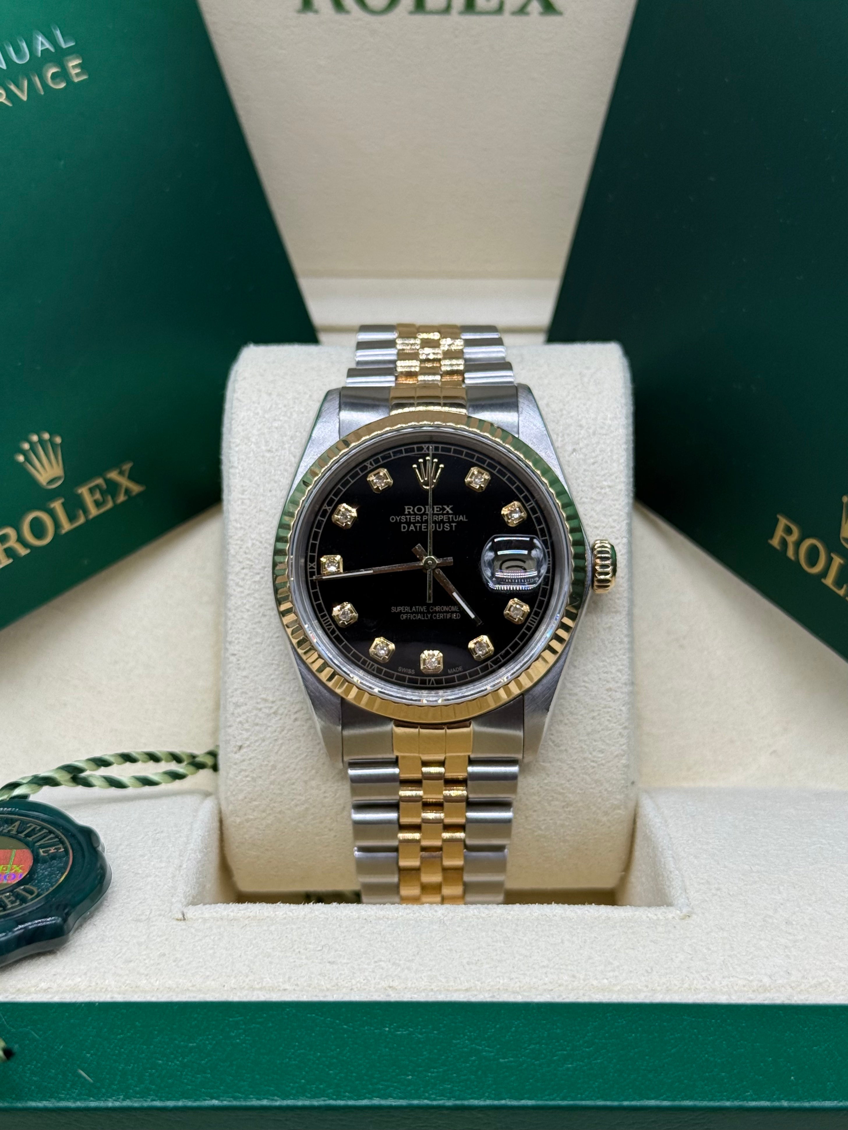 Rolex Datejust 36mm Two-Tone Stainless Steel & 18K Yellow Gold Black Dial Diamond Hour Markers Diamond Bezel Jubilee Bracelet