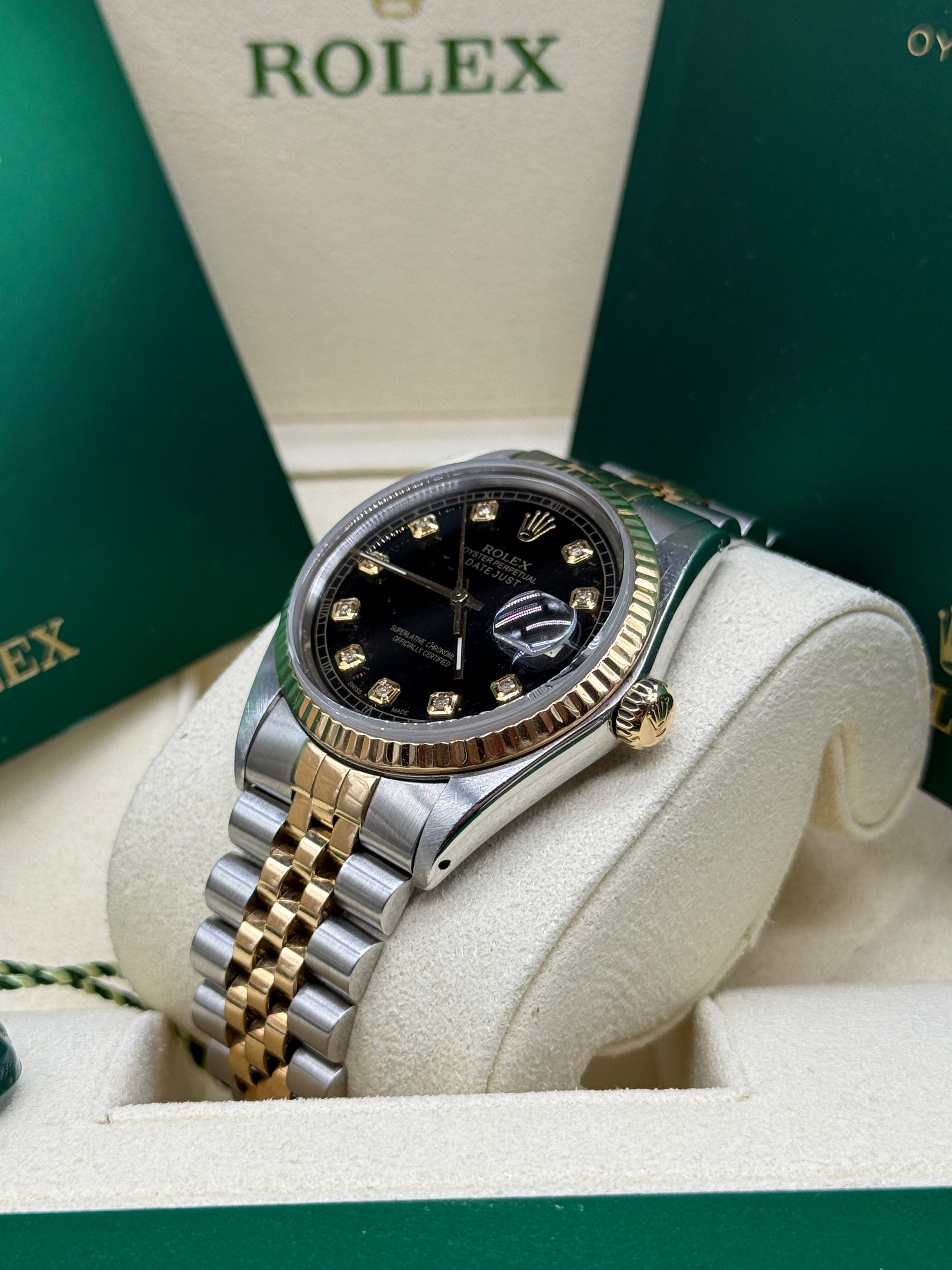 Rolex Datejust 36mm Two-Tone Stainless Steel & 18K Yellow Gold Black Dial Diamond Hour Markers Diamond Bezel Jubilee Bracelet