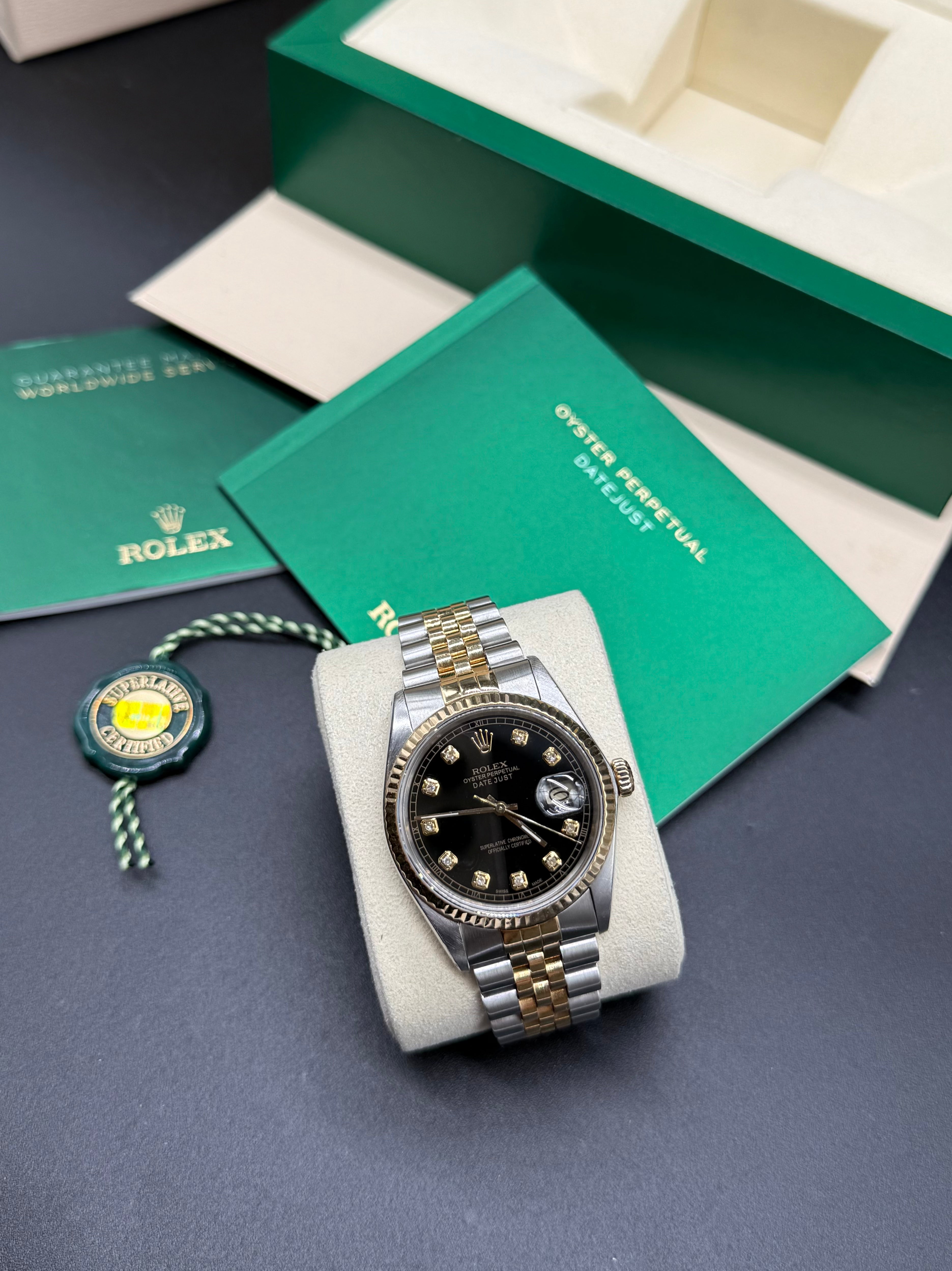 Rolex Datejust 36mm Two-Tone Stainless Steel & 18K Yellow Gold Black Dial Diamond Hour Markers Diamond Bezel Jubilee Bracelet