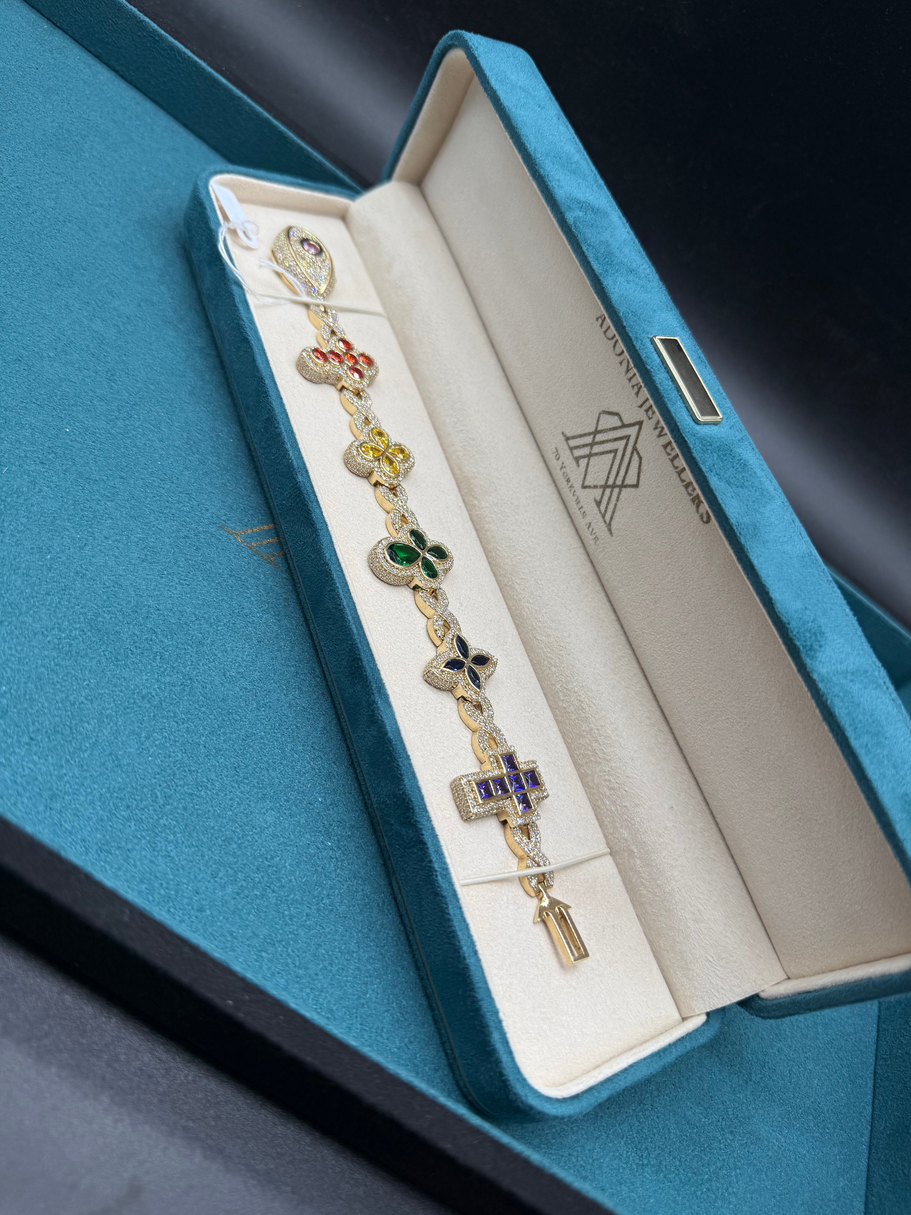 10K Yellow Gold Multi-Colour Gemstone Clover x Evil Eye x Cross Bracelet