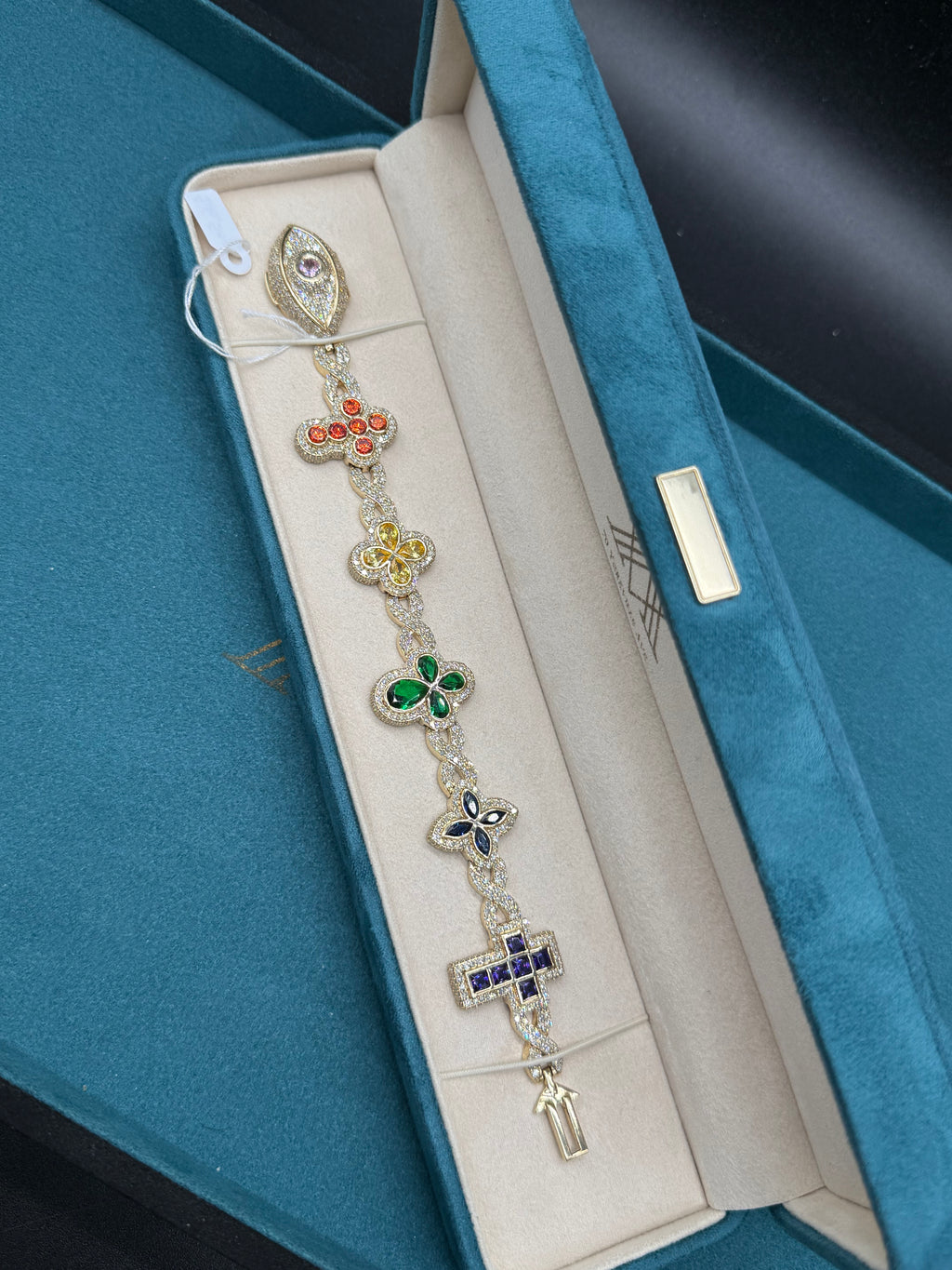 10K Yellow Gold Multi-Colour Gemstone Clover x Evil Eye x Cross Bracelet