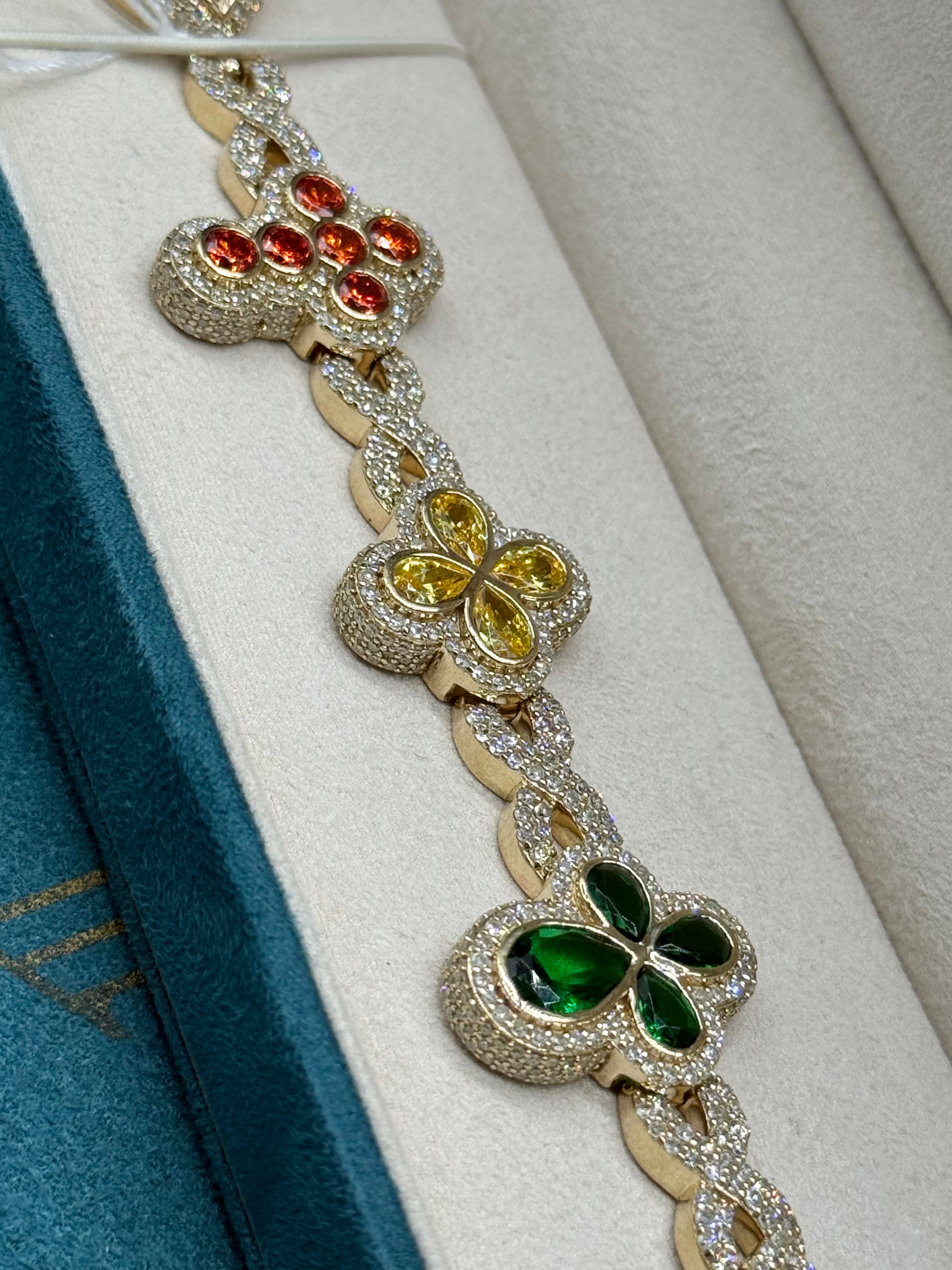 10K Yellow Gold Multi-Colour Gemstone Clover x Evil Eye x Cross Bracelet