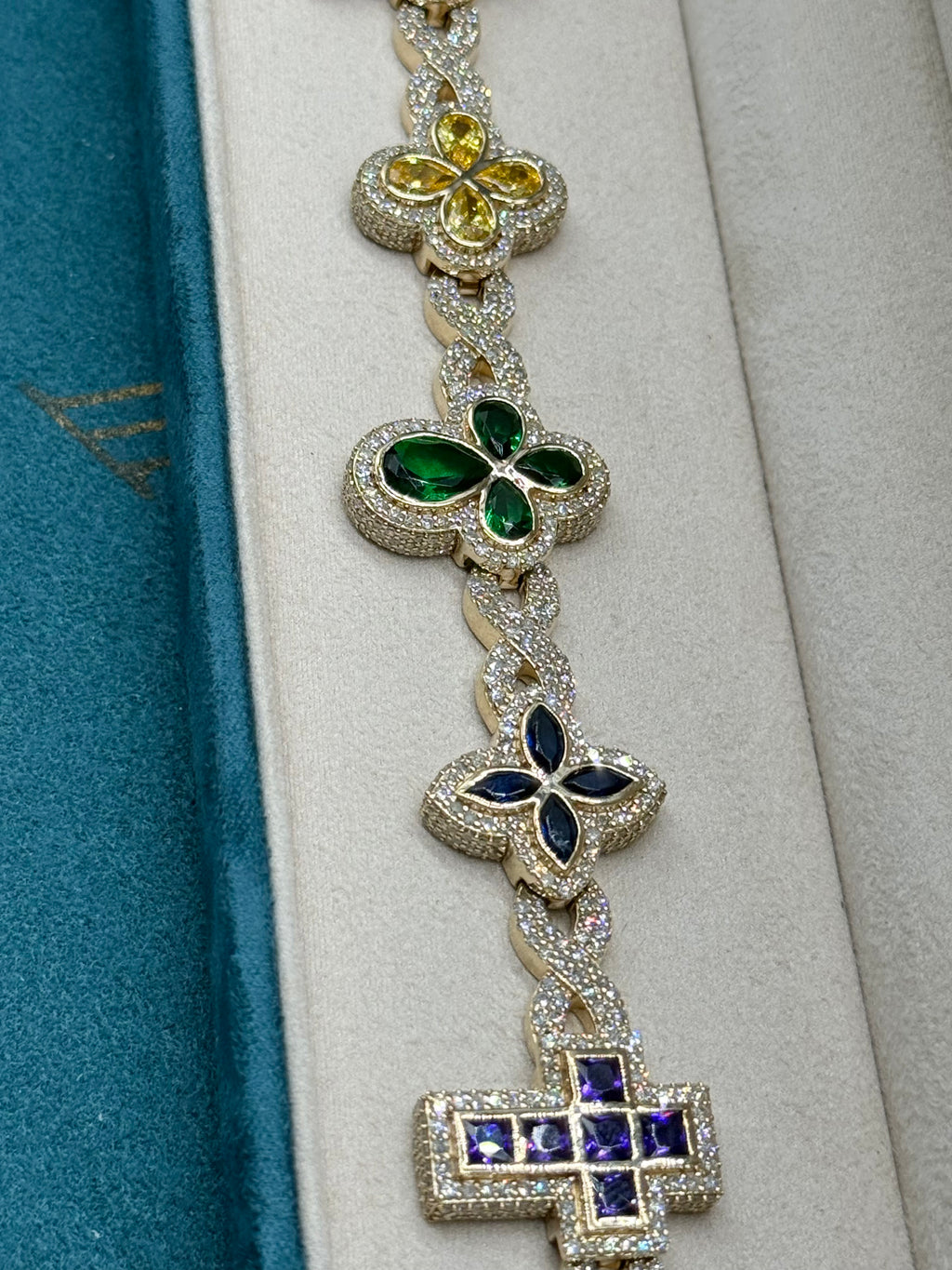 10K Yellow Gold Multi-Colour Gemstone Clover x Evil Eye x Cross Bracelet