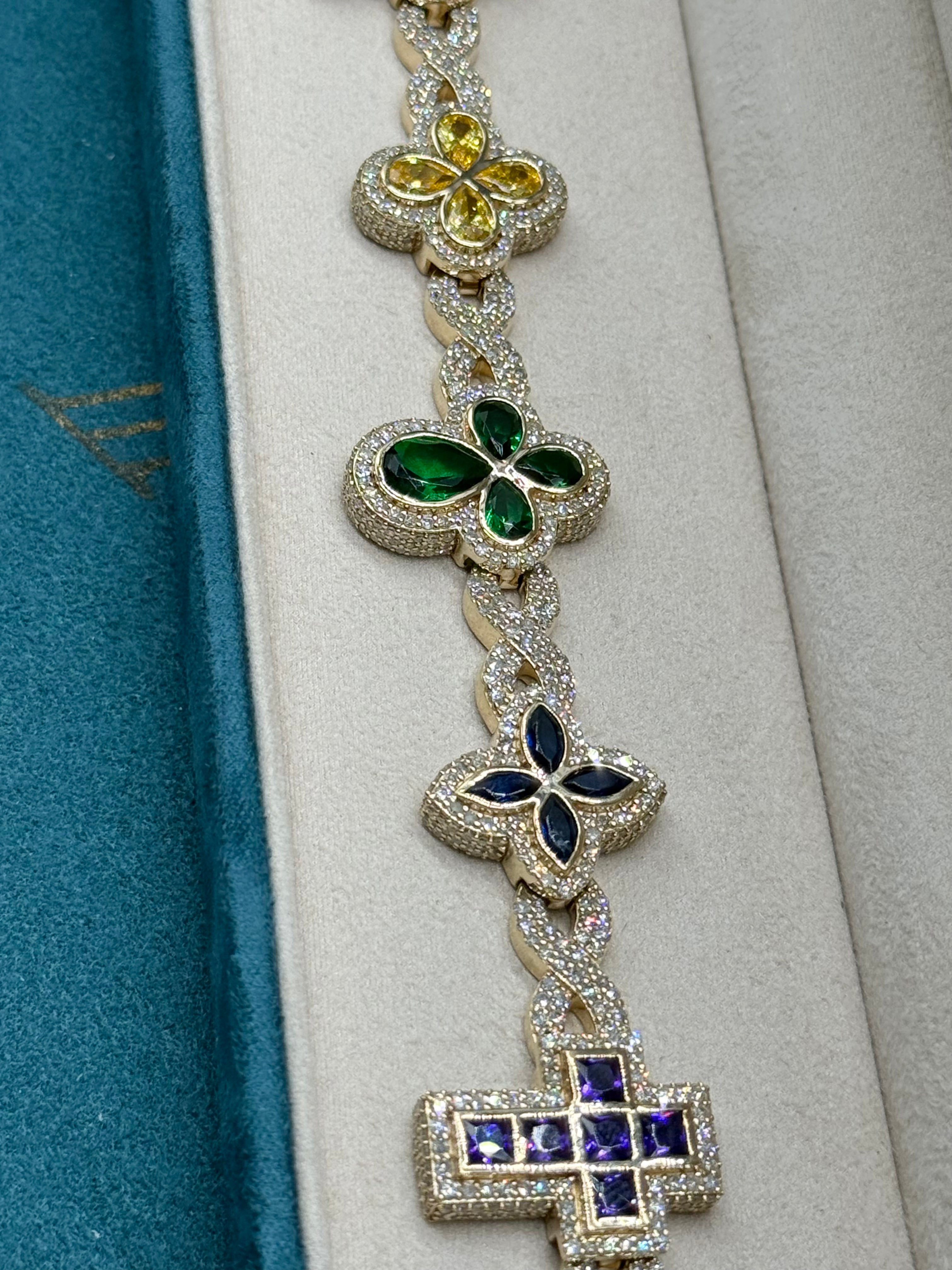 10K Yellow Gold Multi-Colour Gemstone Clover x Evil Eye x Cross Bracelet