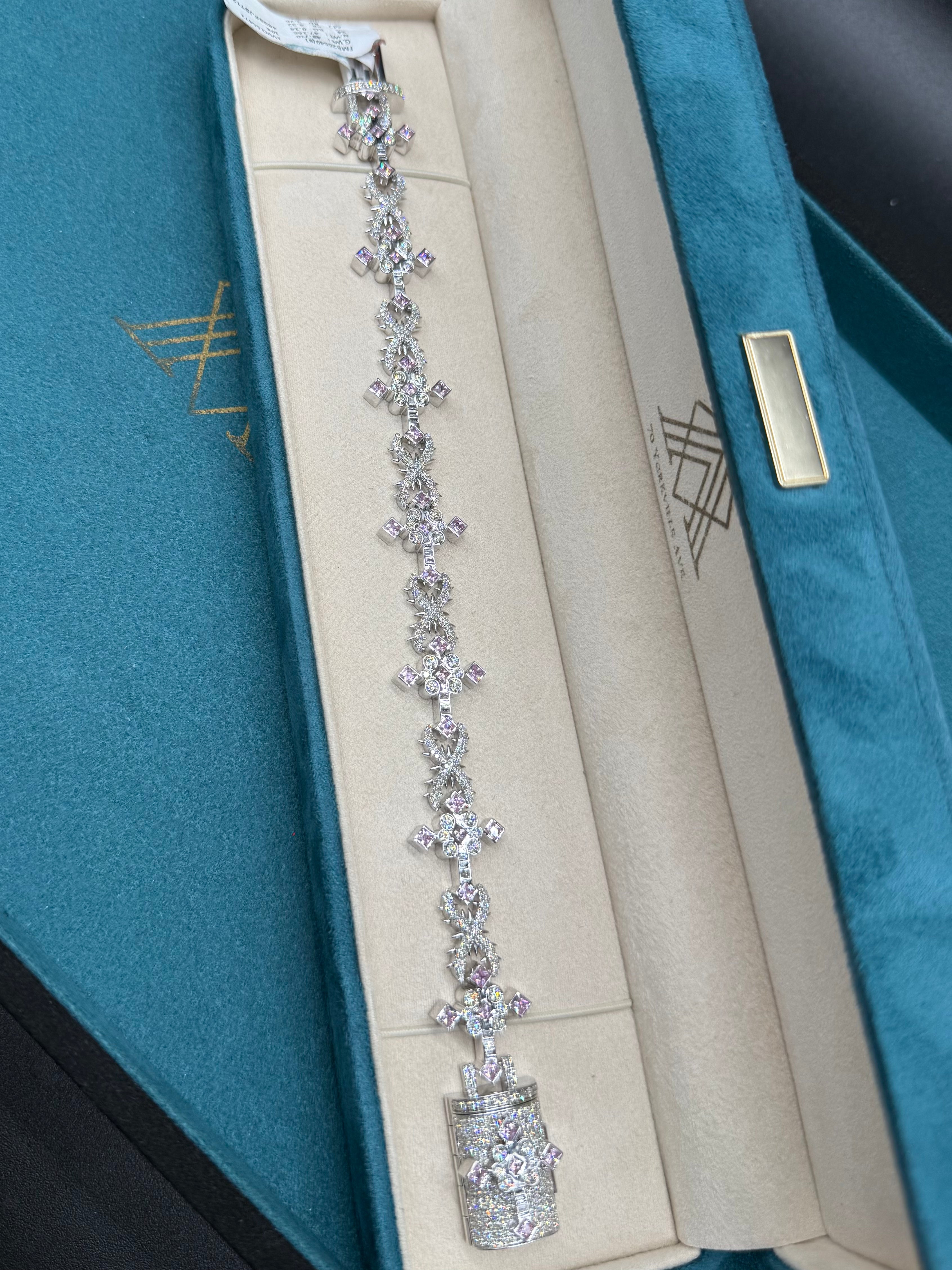 10K White Gold Marquise Diamond and Pink Sapphire Cross Bracelet