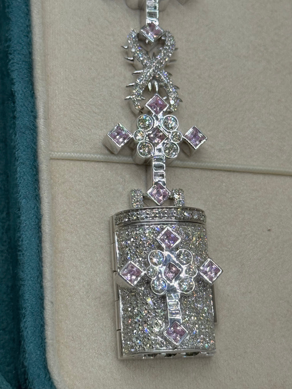 10K White Gold Marquise Diamond and Pink Sapphire Cross Bracelet