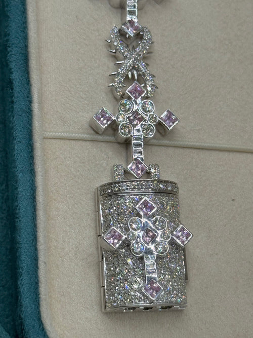 10K White Gold Marquise Diamond and Pink Sapphire Cross Bracelet