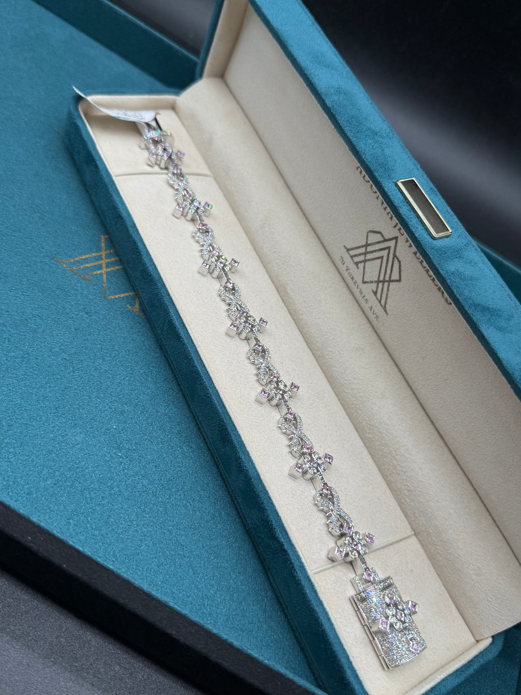 10K White Gold Marquise Diamond and Pink Sapphire Cross Bracelet