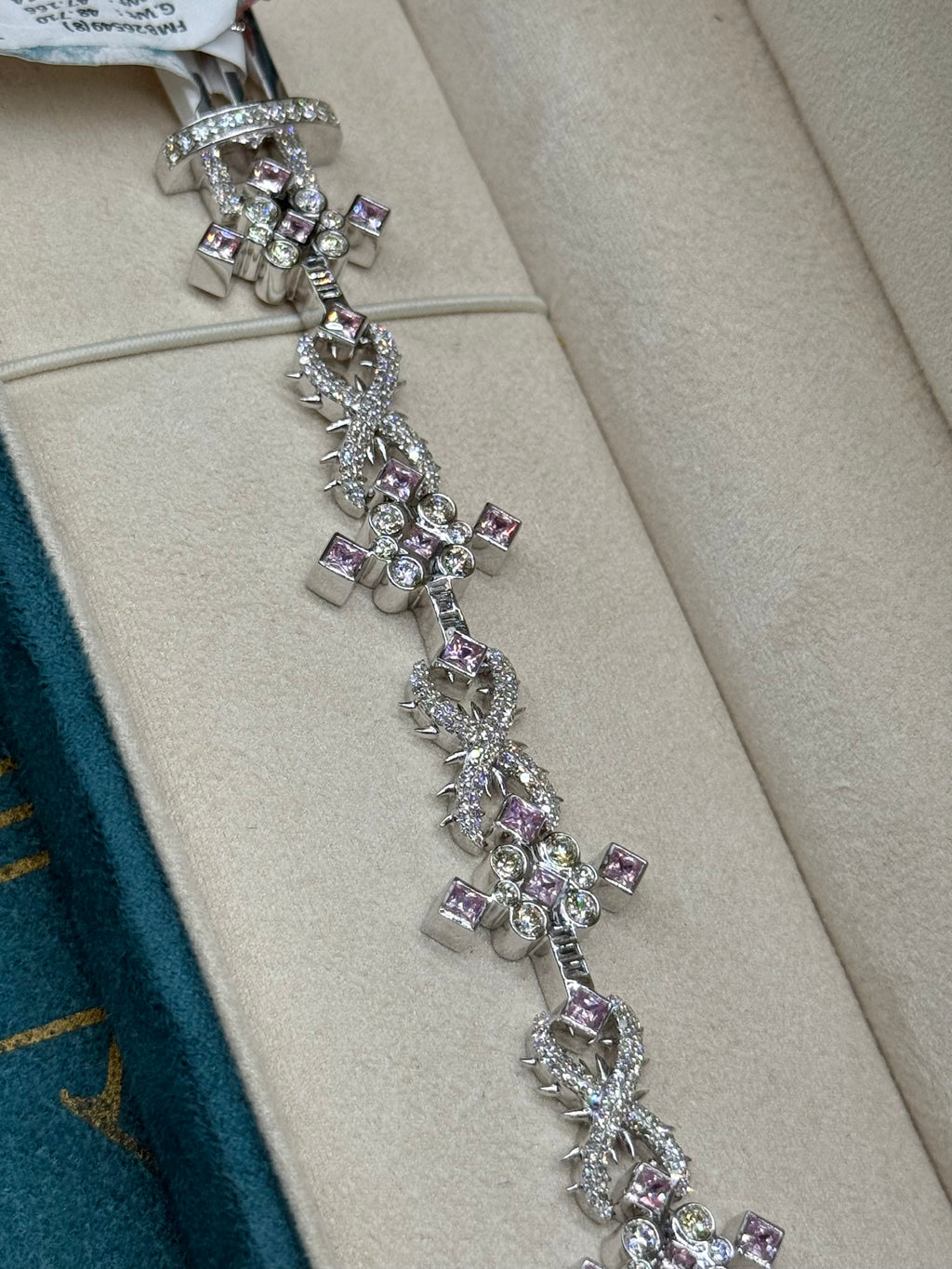 10K White Gold Marquise Diamond and Pink Sapphire Cross Bracelet
