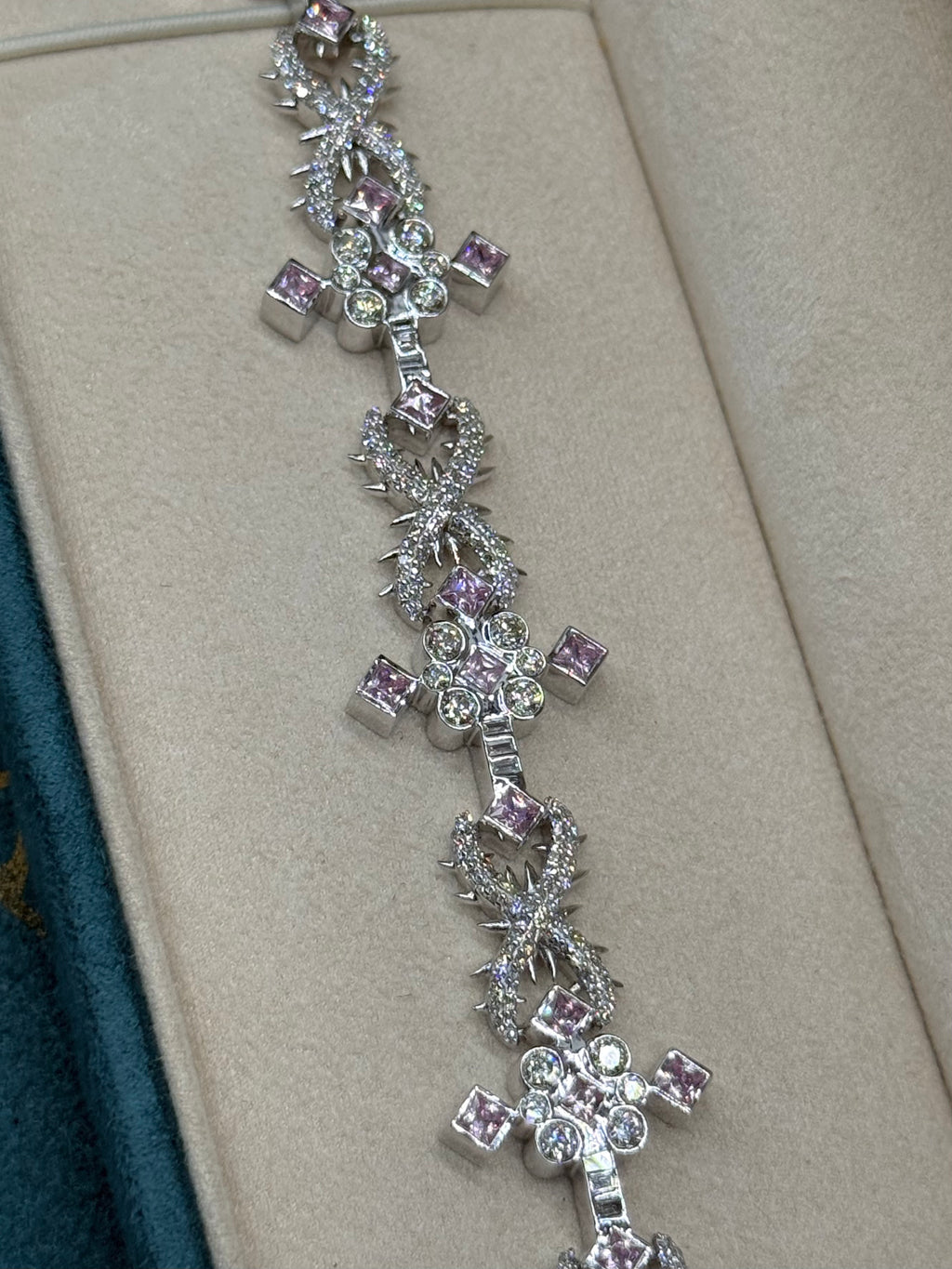 10K White Gold Marquise Diamond and Pink Sapphire Cross Bracelet