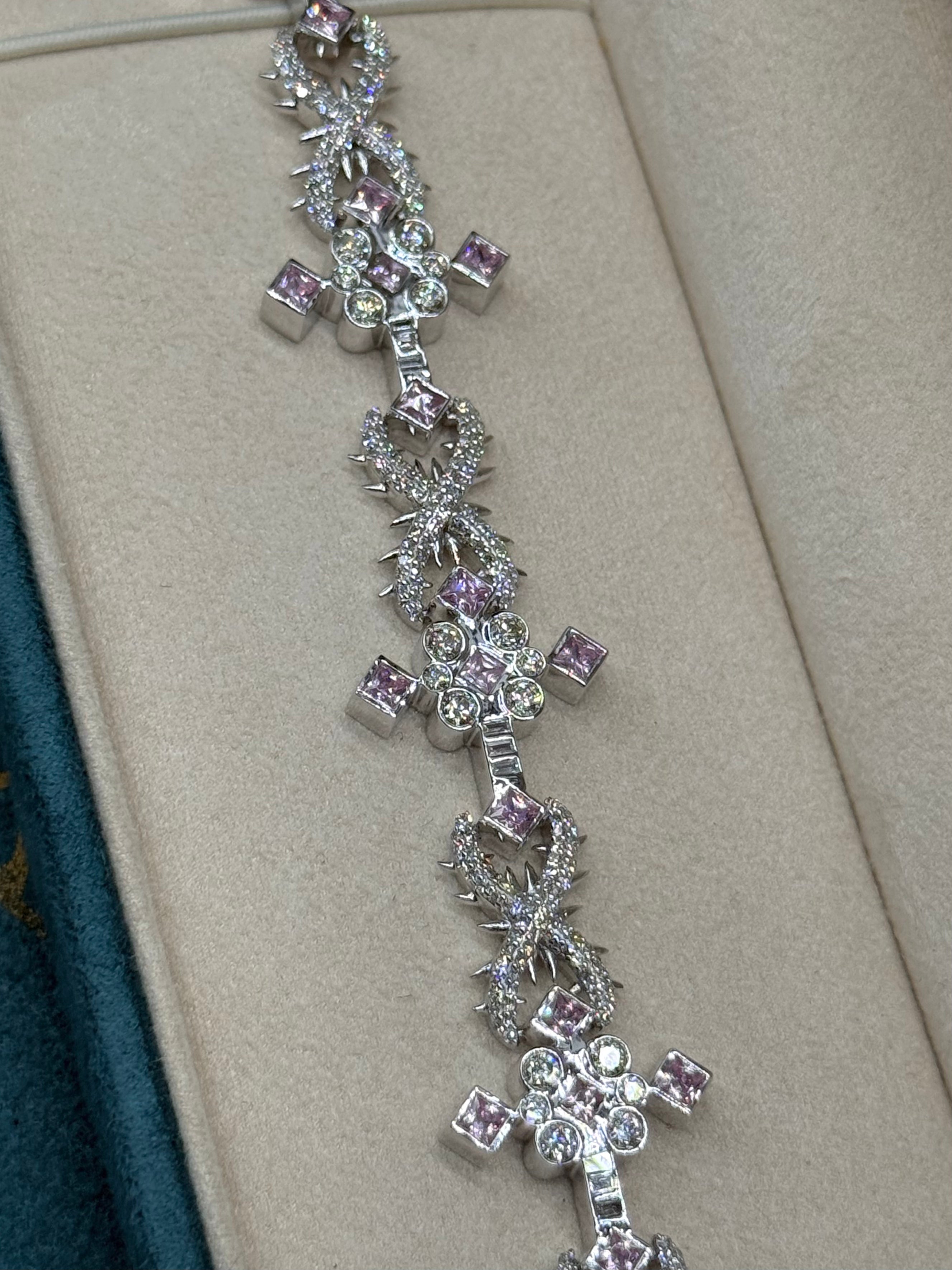10K White Gold Marquise Diamond and Pink Sapphire Cross Bracelet