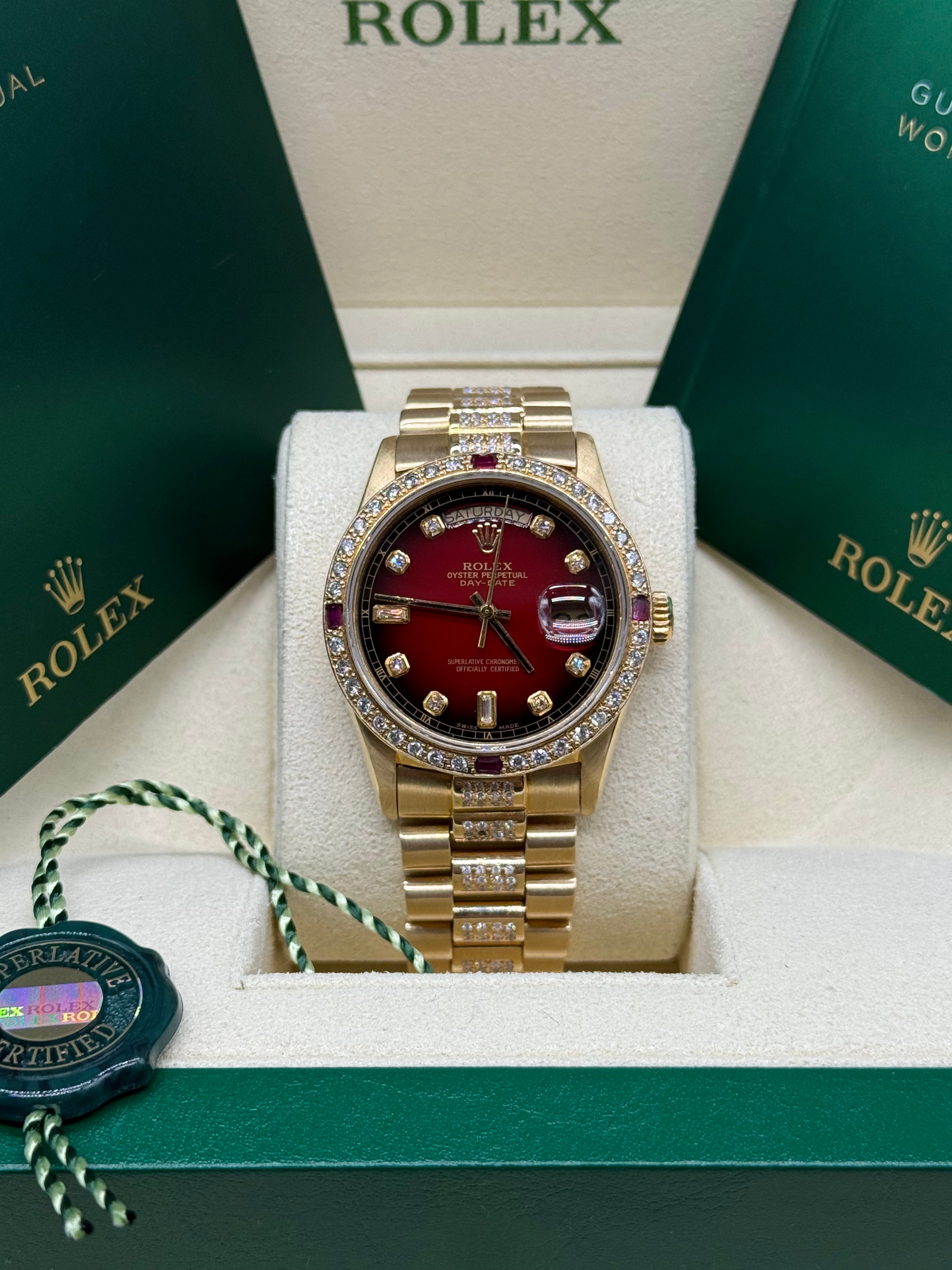 Rolex Day-Date 36mm 18K Yellow Gold Red Vignette Dial Diamond & Ruby Bezel Diamond President Bracelet