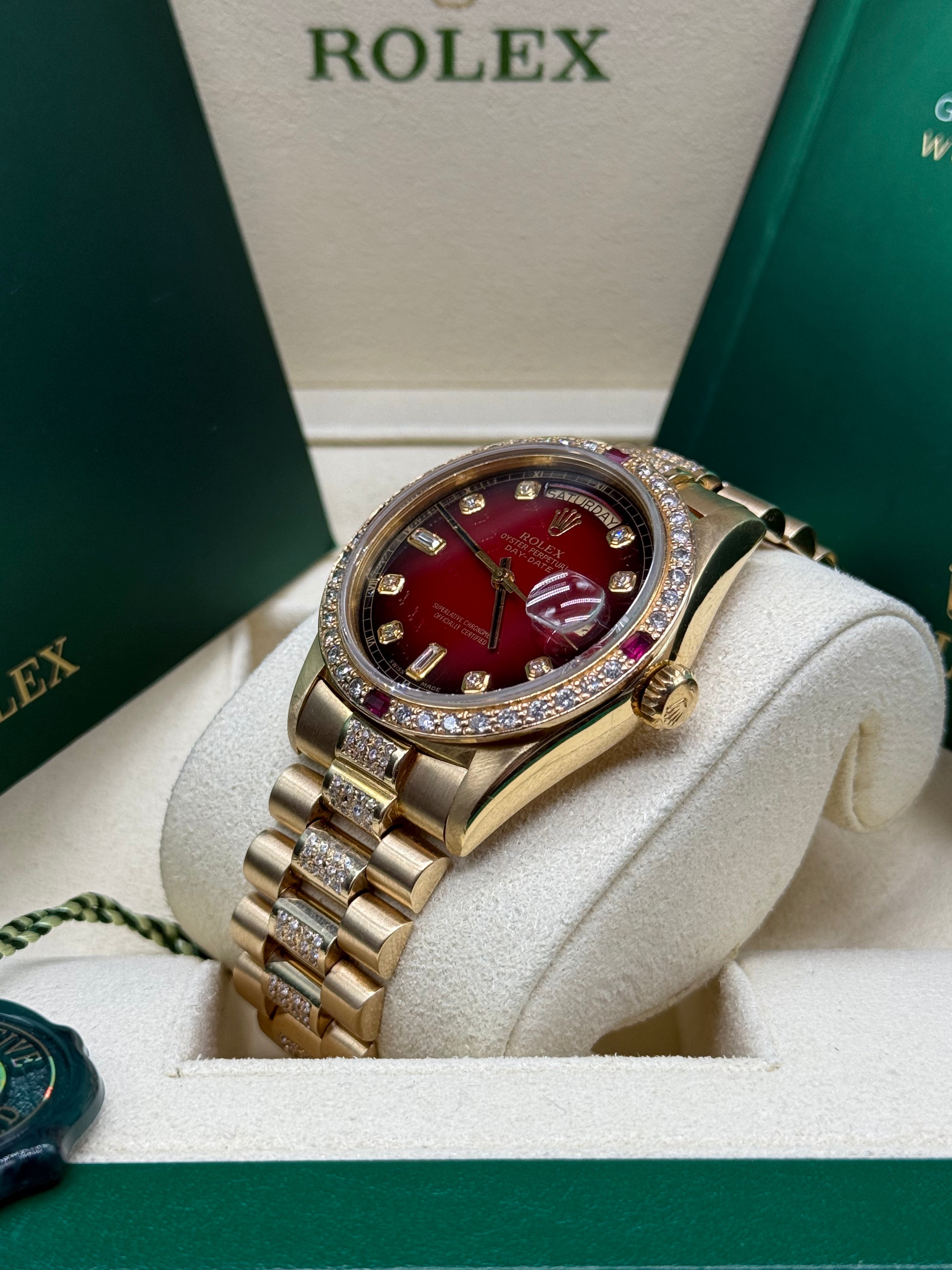 Rolex Day-Date 36mm 18K Yellow Gold Red Vignette Dial Diamond & Ruby Bezel Diamond President Bracelet