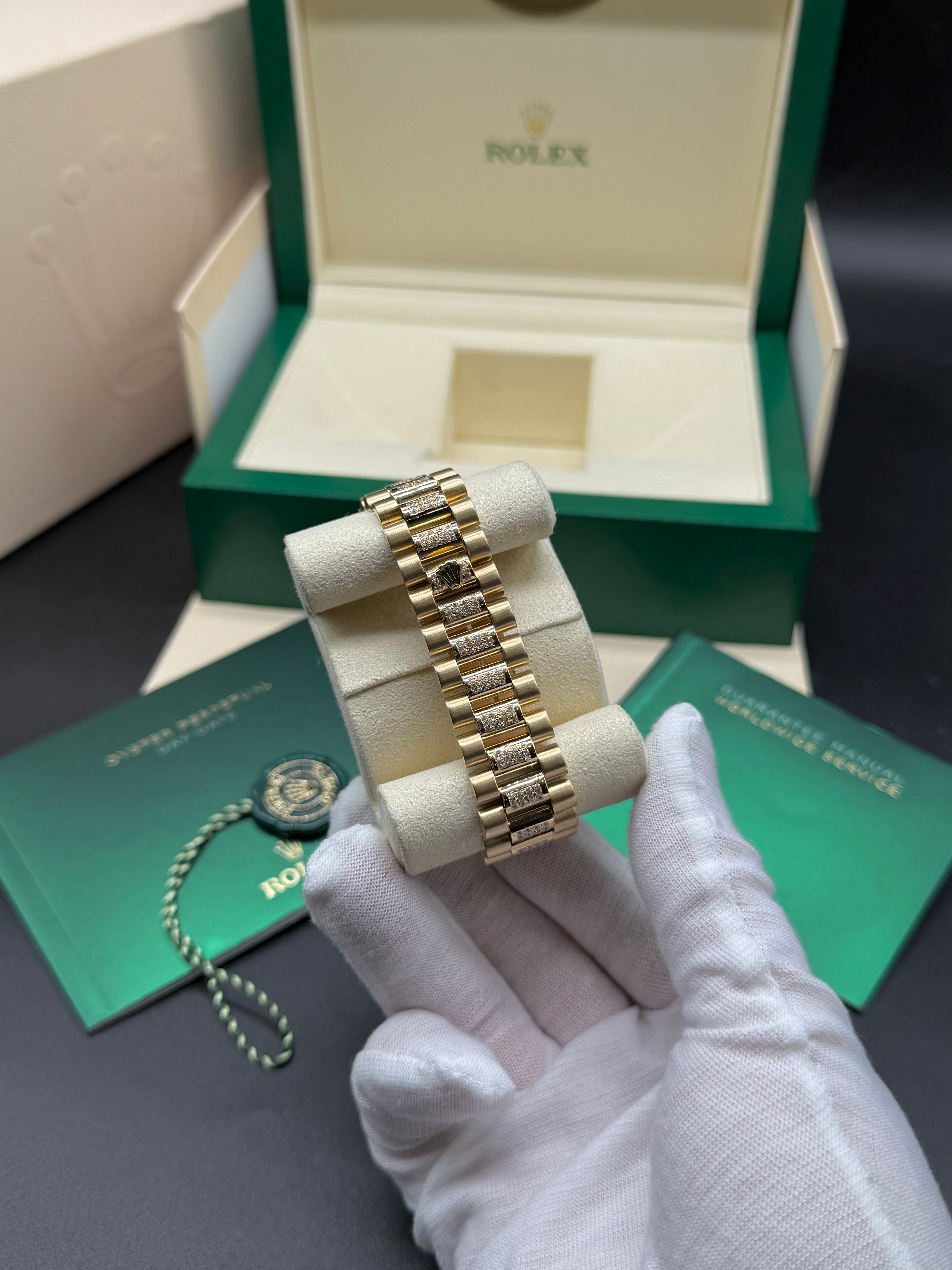 Rolex Day-Date 36mm 18K Yellow Gold Red Vignette Dial Diamond & Ruby Bezel Diamond President Bracelet