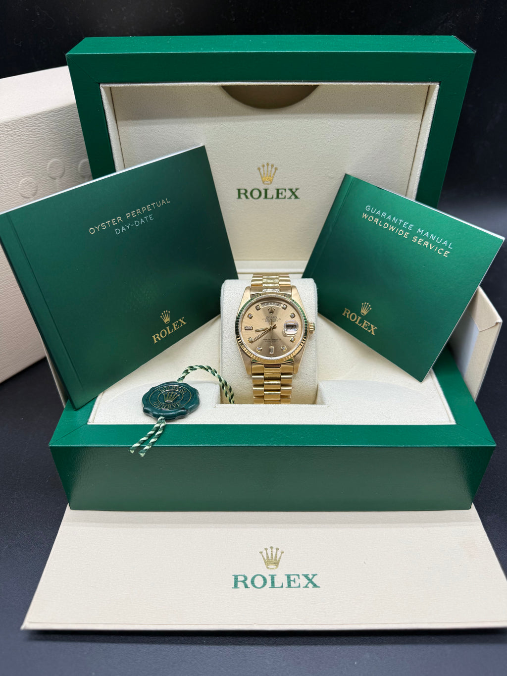 Rolex Day-Date 36mm 18K Yellow Gold Champagne Dial Diamond Hour Markers Fluted Bezel President Bracel