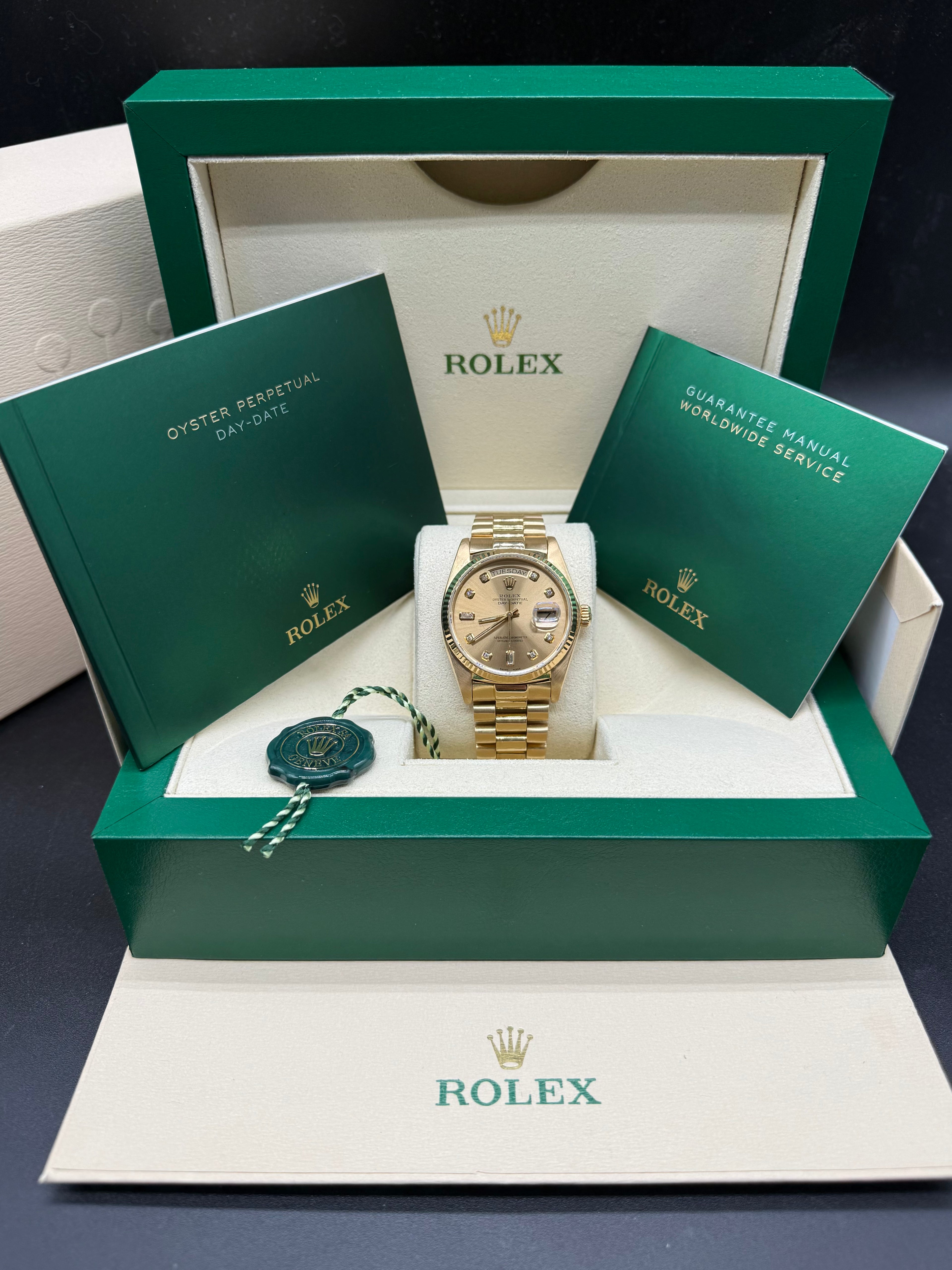 Rolex Day-Date 36mm 18K Yellow Gold Champagne Dial Diamond Hour Markers Fluted Bezel President Bracel