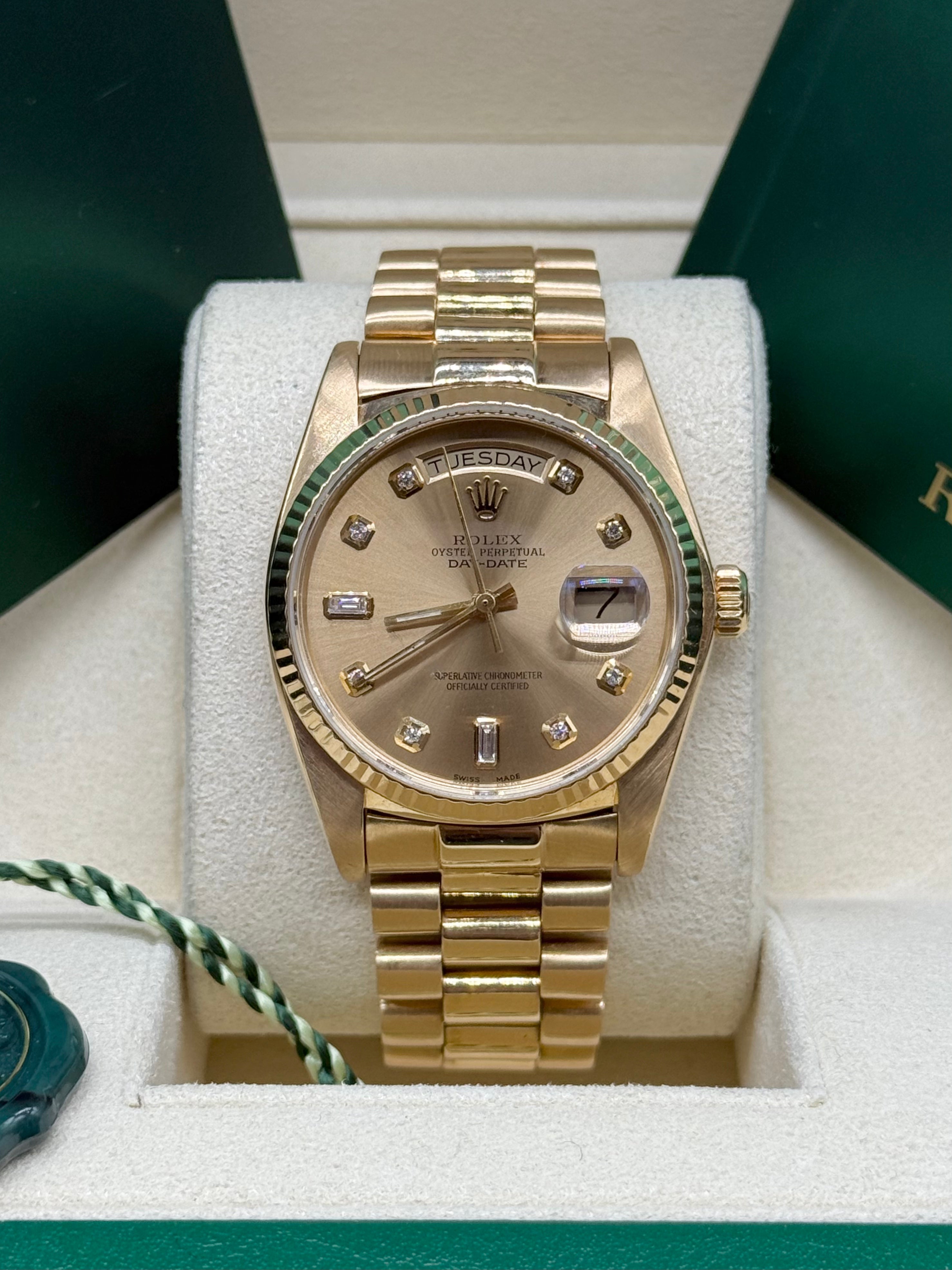 Rolex Day-Date 36mm 18K Yellow Gold Champagne Dial Diamond Hour Markers Fluted Bezel President Bracel