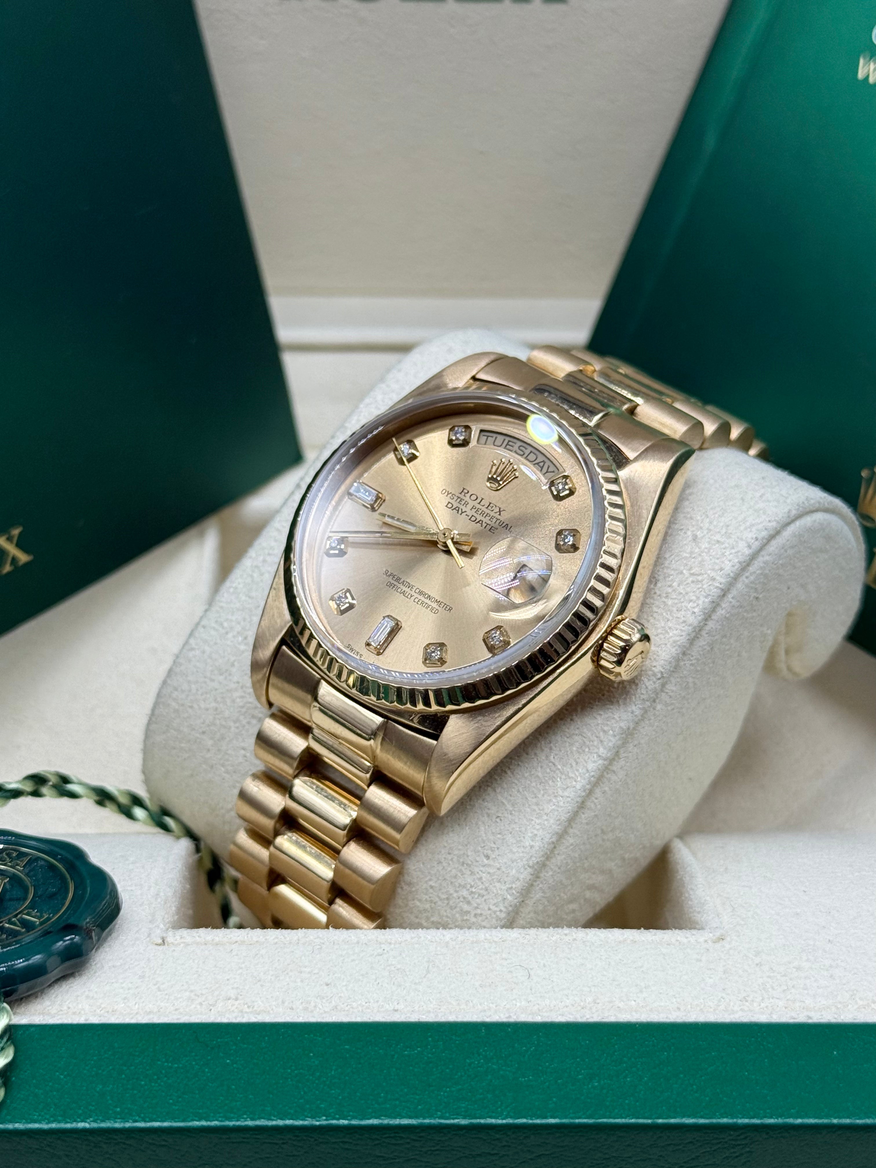 Rolex Day-Date 36mm 18K Yellow Gold Champagne Dial Diamond Hour Markers Fluted Bezel President Bracel