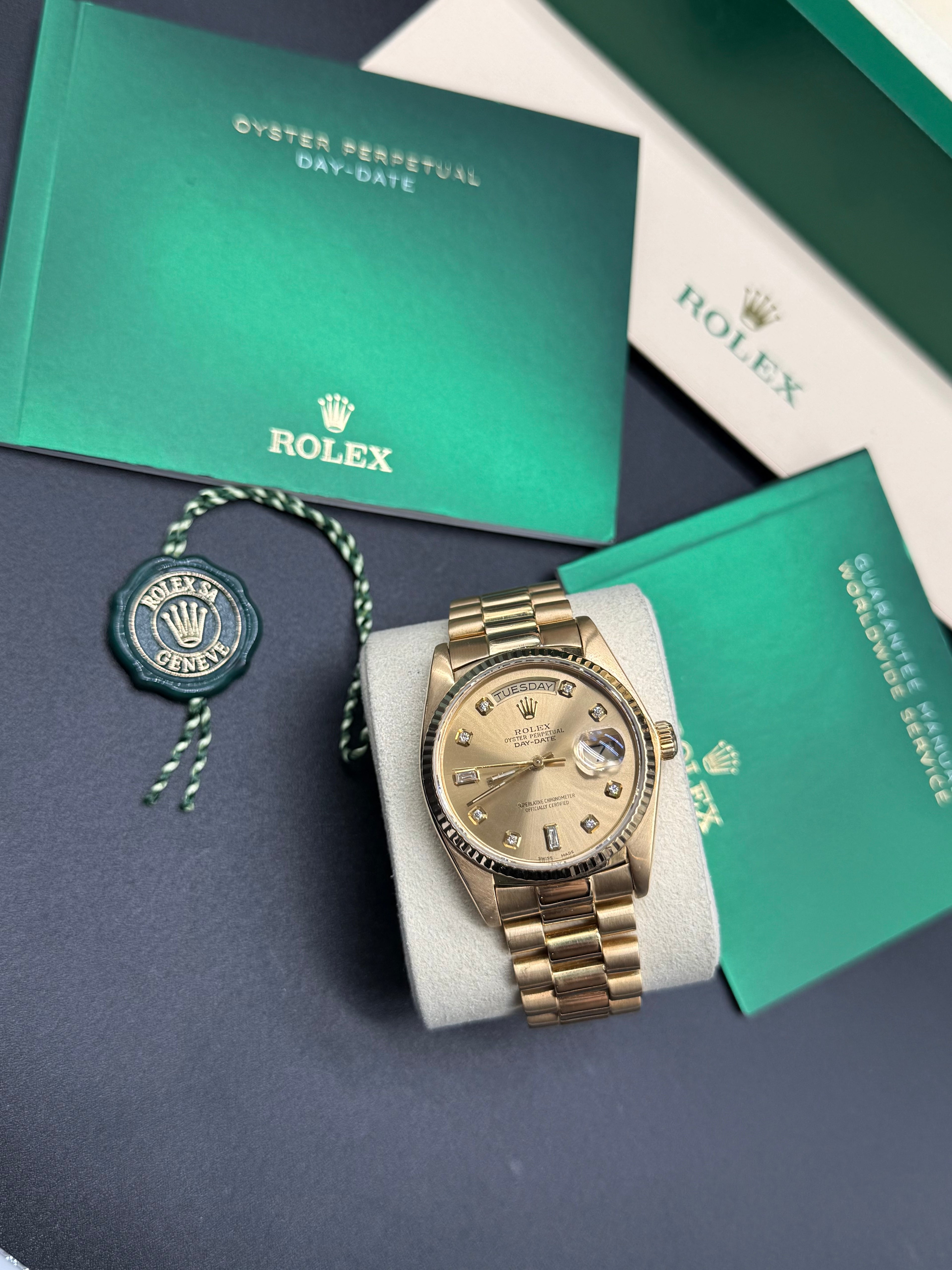 Rolex Day-Date 36mm 18K Yellow Gold Champagne Dial Diamond Hour Markers Fluted Bezel President Bracel