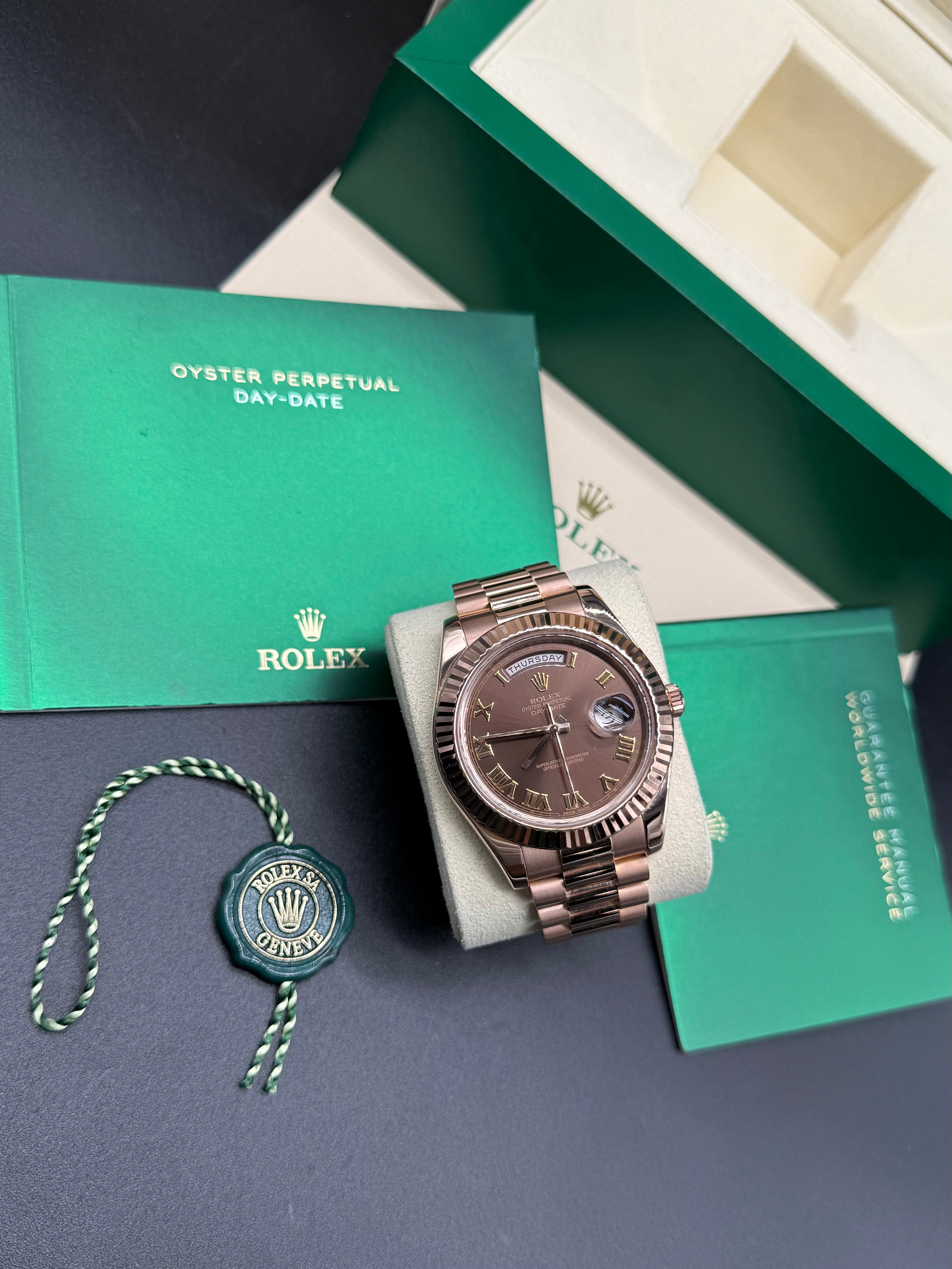 Rolex Day-Date 41mm 18K Everose Gold Fluted Bezel Chocolate Dial Roman Numerals President