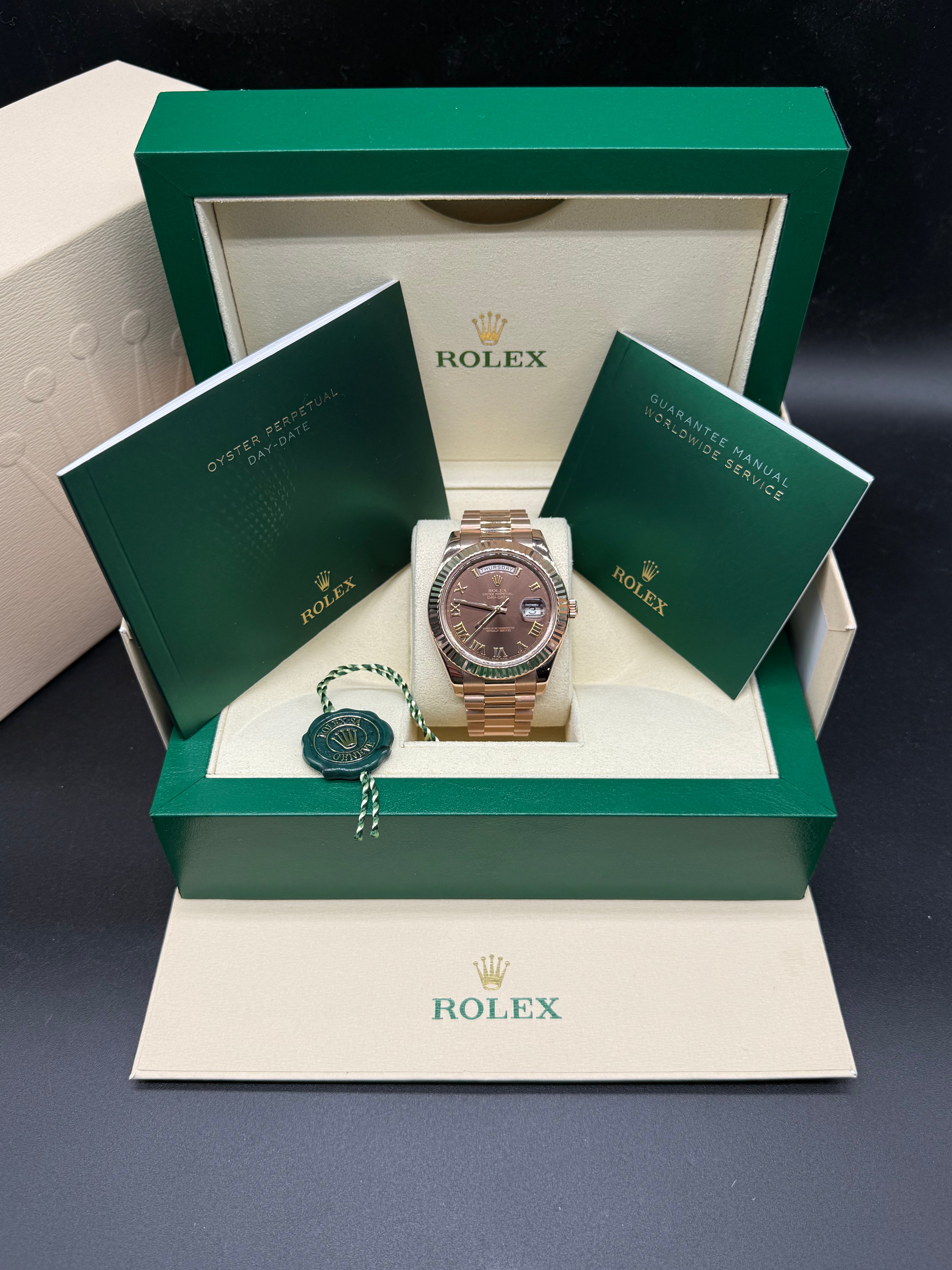Rolex Day-Date 41mm 18K Everose Gold Fluted Bezel Chocolate Dial Roman Numerals President