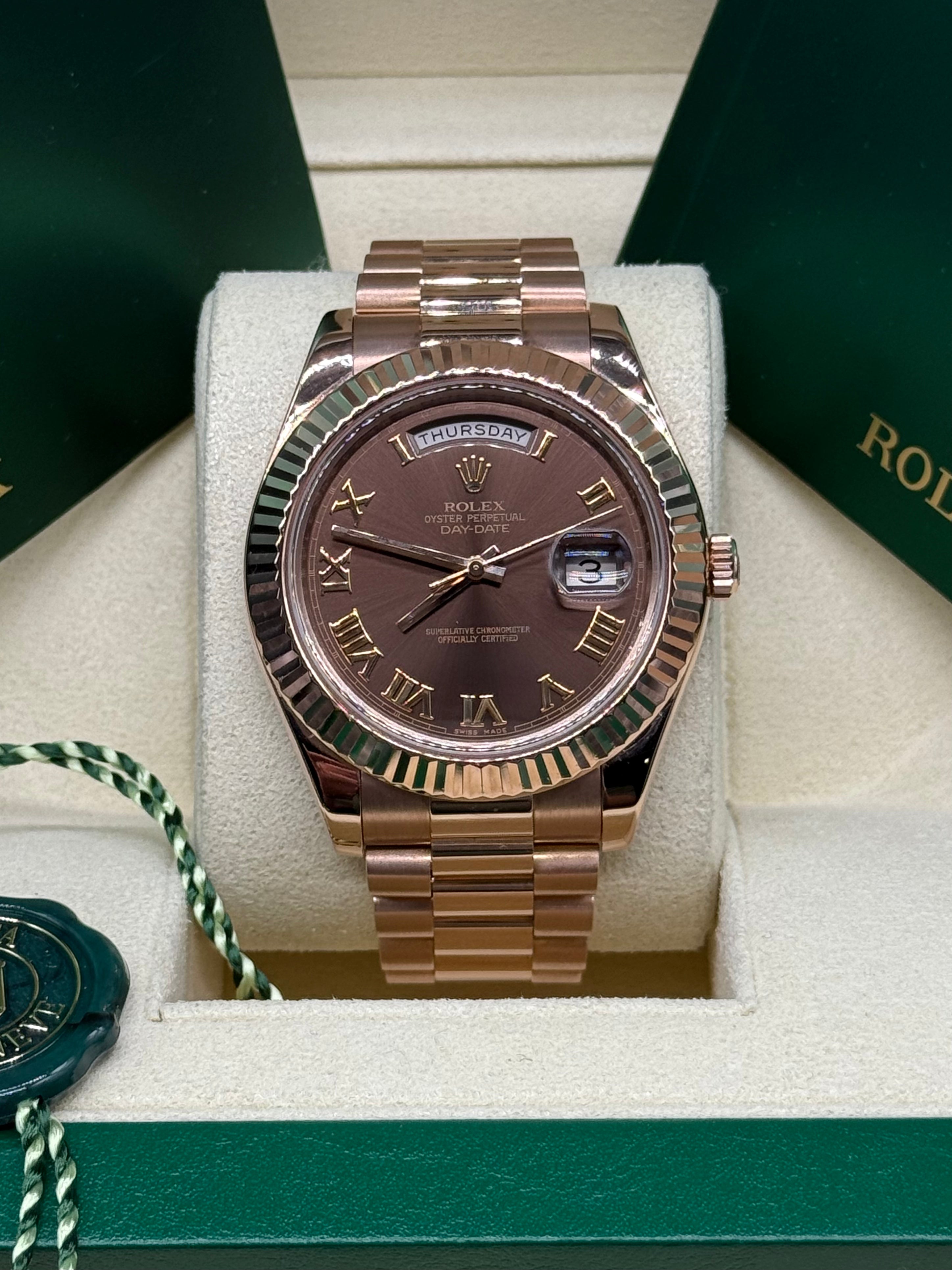 Rolex Day-Date 41mm 18K Everose Gold Fluted Bezel Chocolate Dial Roman Numerals President