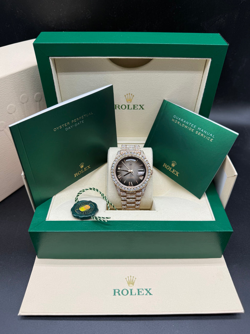 Rolex Day-Date 40mm 18K Rose Gold Diamond Bezel Iced President Bracelet Black Ombré Dial