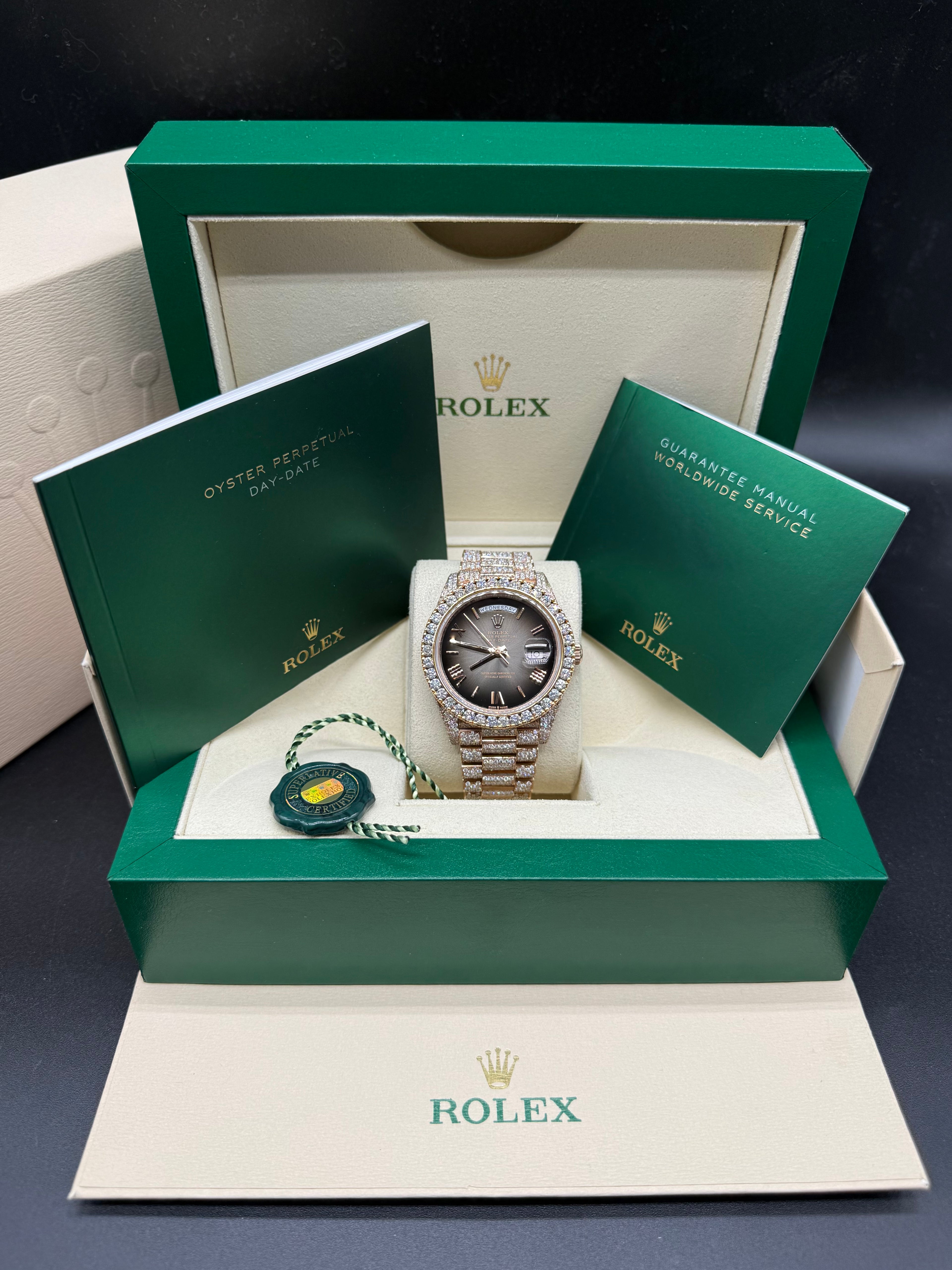 Rolex Day-Date 40mm 18K Rose Gold Diamond Bezel Iced President Bracelet Black Ombré Dial