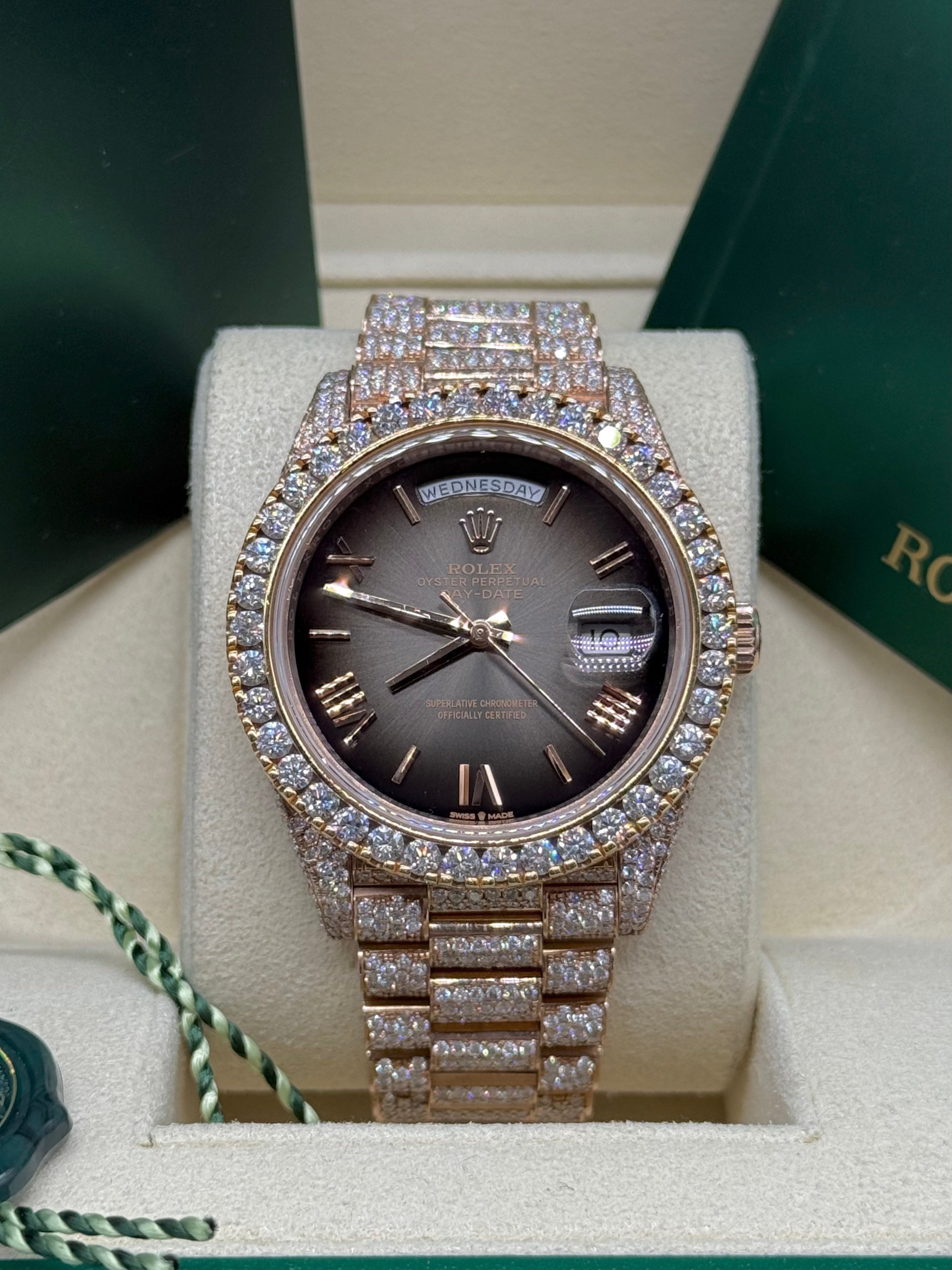 Rolex Day-Date 40mm 18K Rose Gold Diamond Bezel Iced President Bracelet Black Ombré Dial