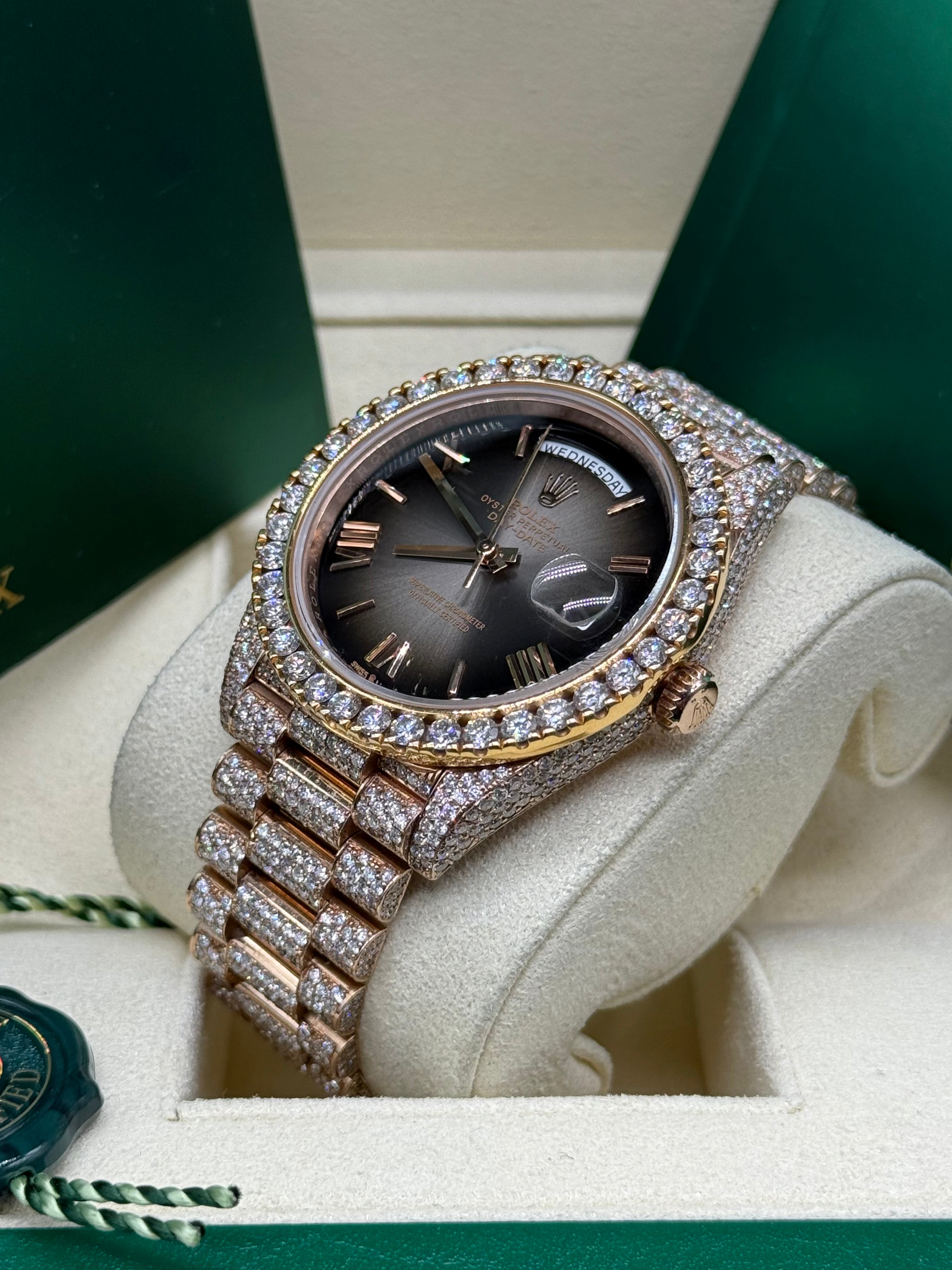 Rolex Day-Date 40mm 18K Rose Gold Diamond Bezel Iced President Bracelet Black Ombré Dial