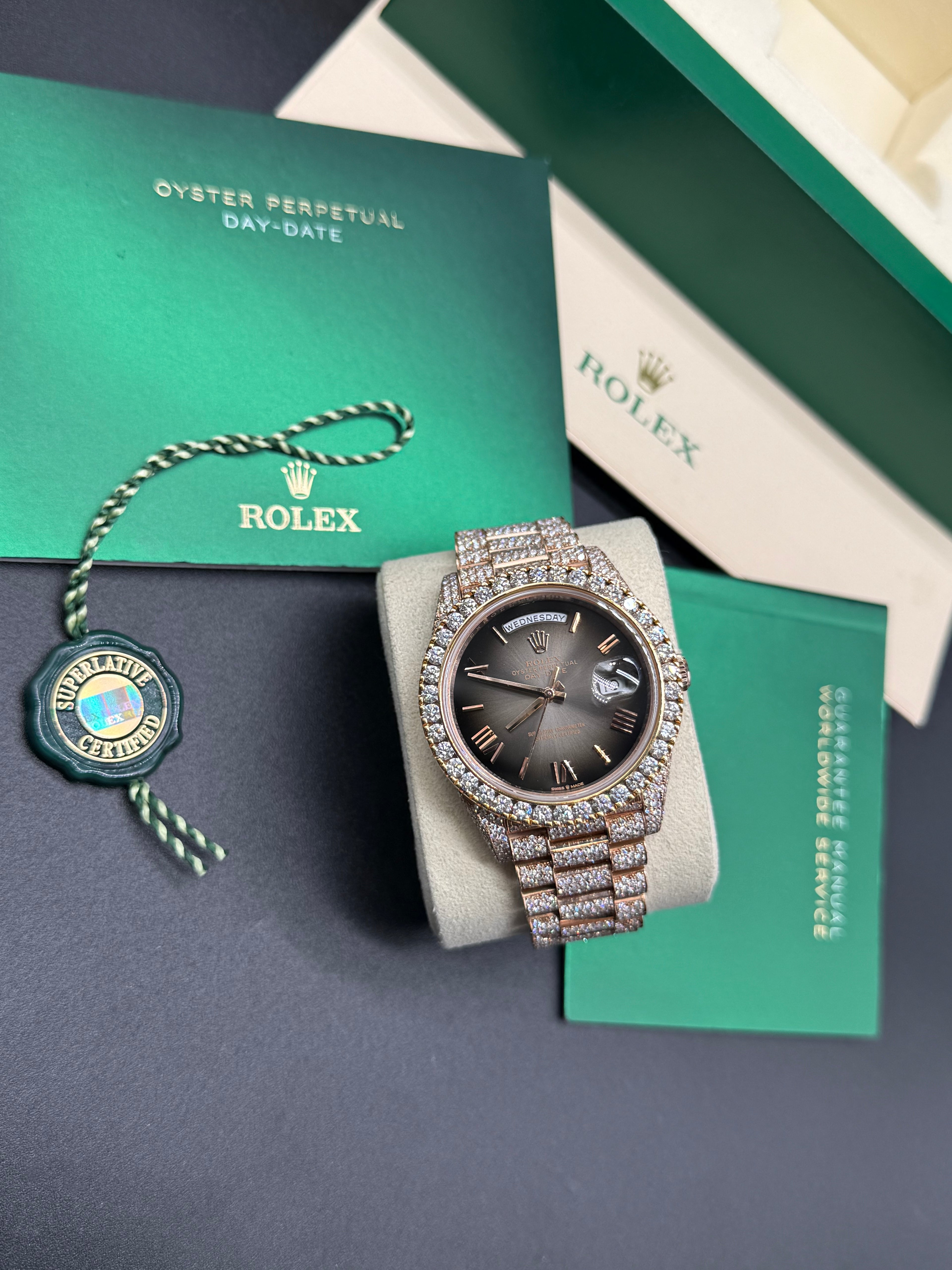 Rolex Day-Date 40mm 18K Rose Gold Diamond Bezel Iced President Bracelet Black Ombré Dial