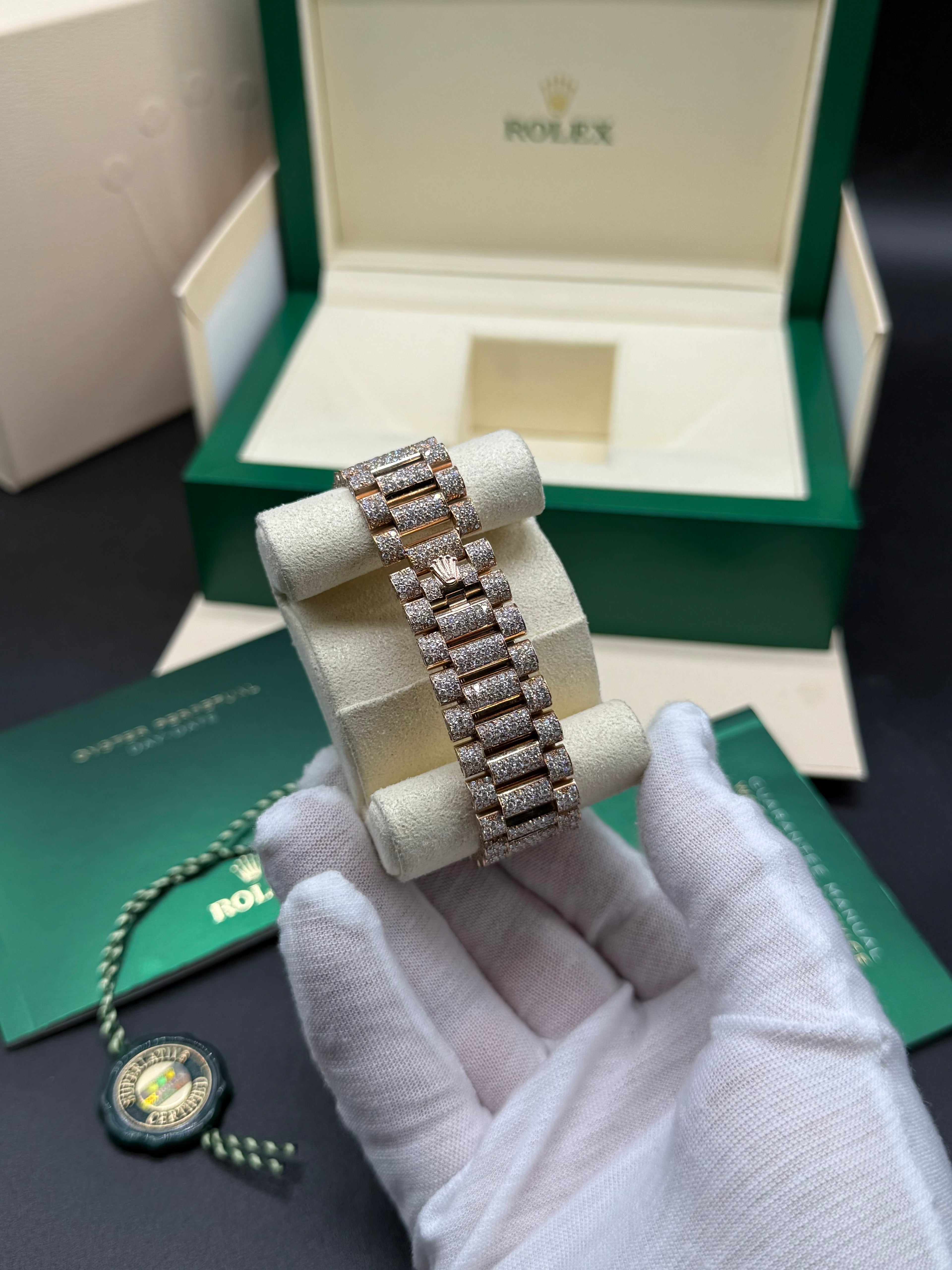 Rolex Day-Date 40mm 18K Rose Gold Diamond Bezel Iced President Bracelet Black Ombré Dial