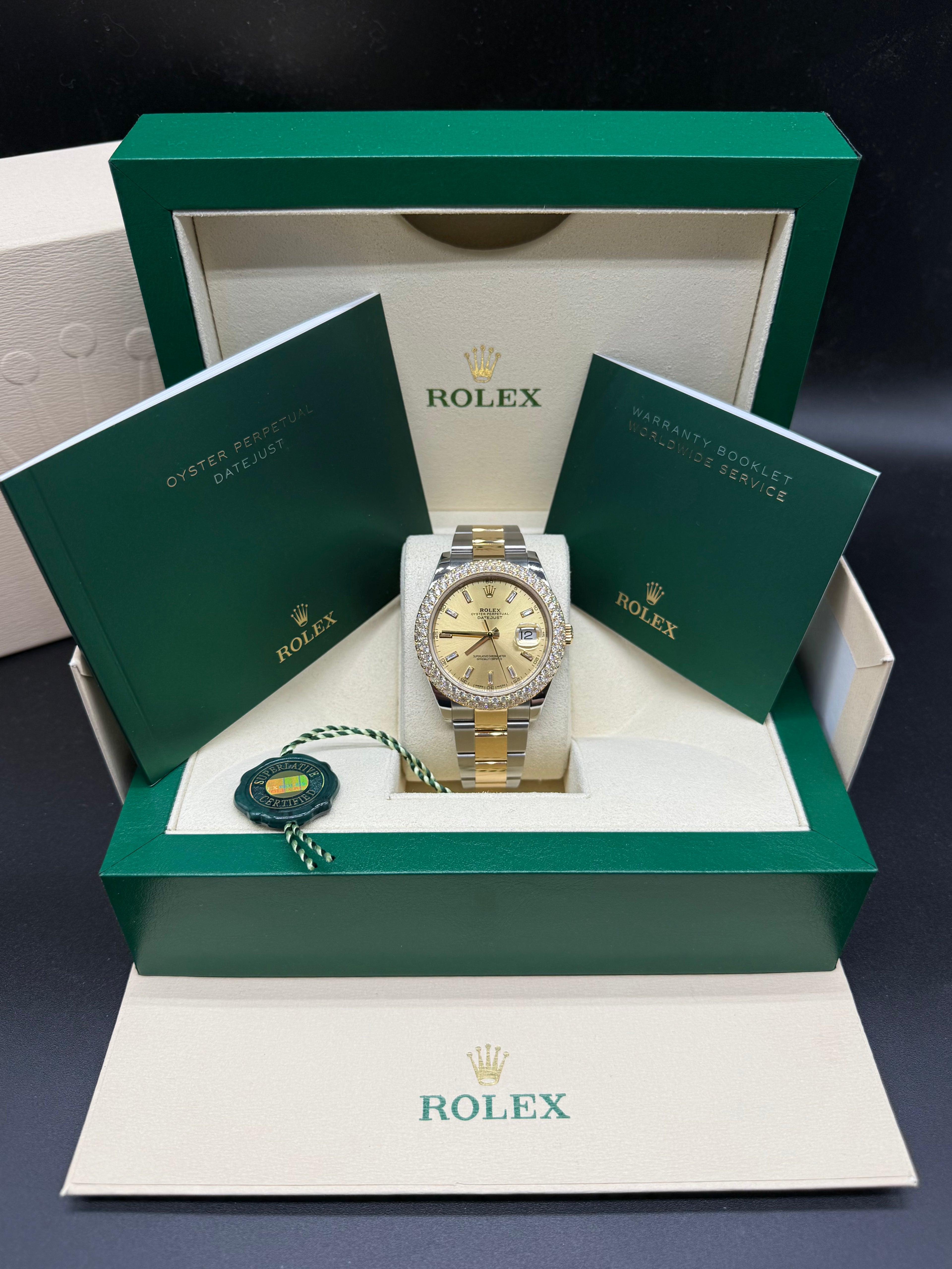 Rolex Datejust 41mm Two-Tone Steel & 18K Yellow Gold Diamond Bezel Champagne Baguette Dial Oyster