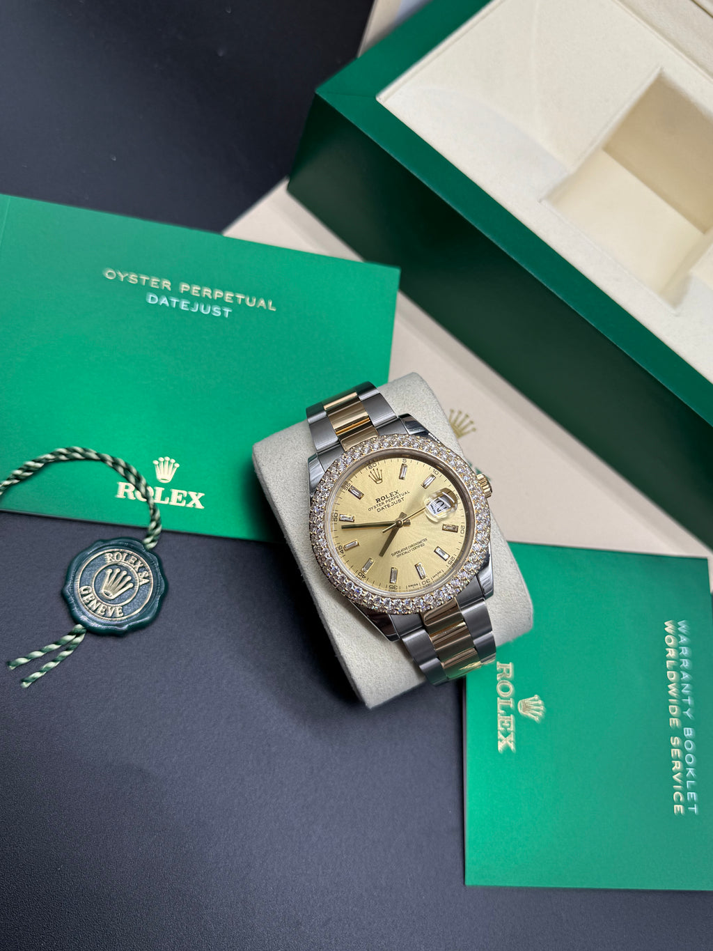 Rolex Datejust 41mm Two-Tone Steel & 18K Yellow Gold Diamond Bezel Champagne Baguette Dial Oyster
