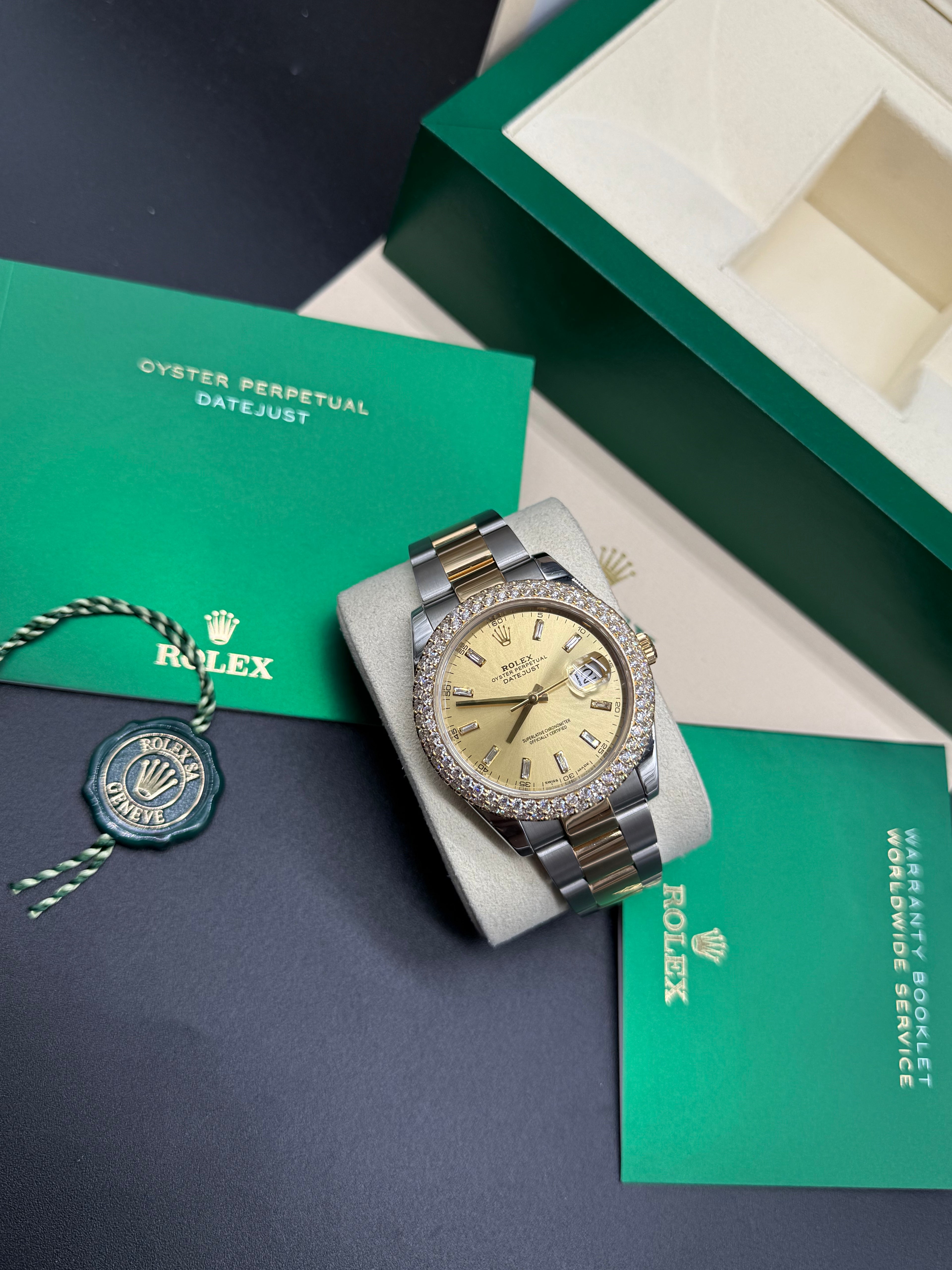Rolex Datejust 41mm Two-Tone Steel & 18K Yellow Gold Diamond Bezel Champagne Baguette Dial Oyster