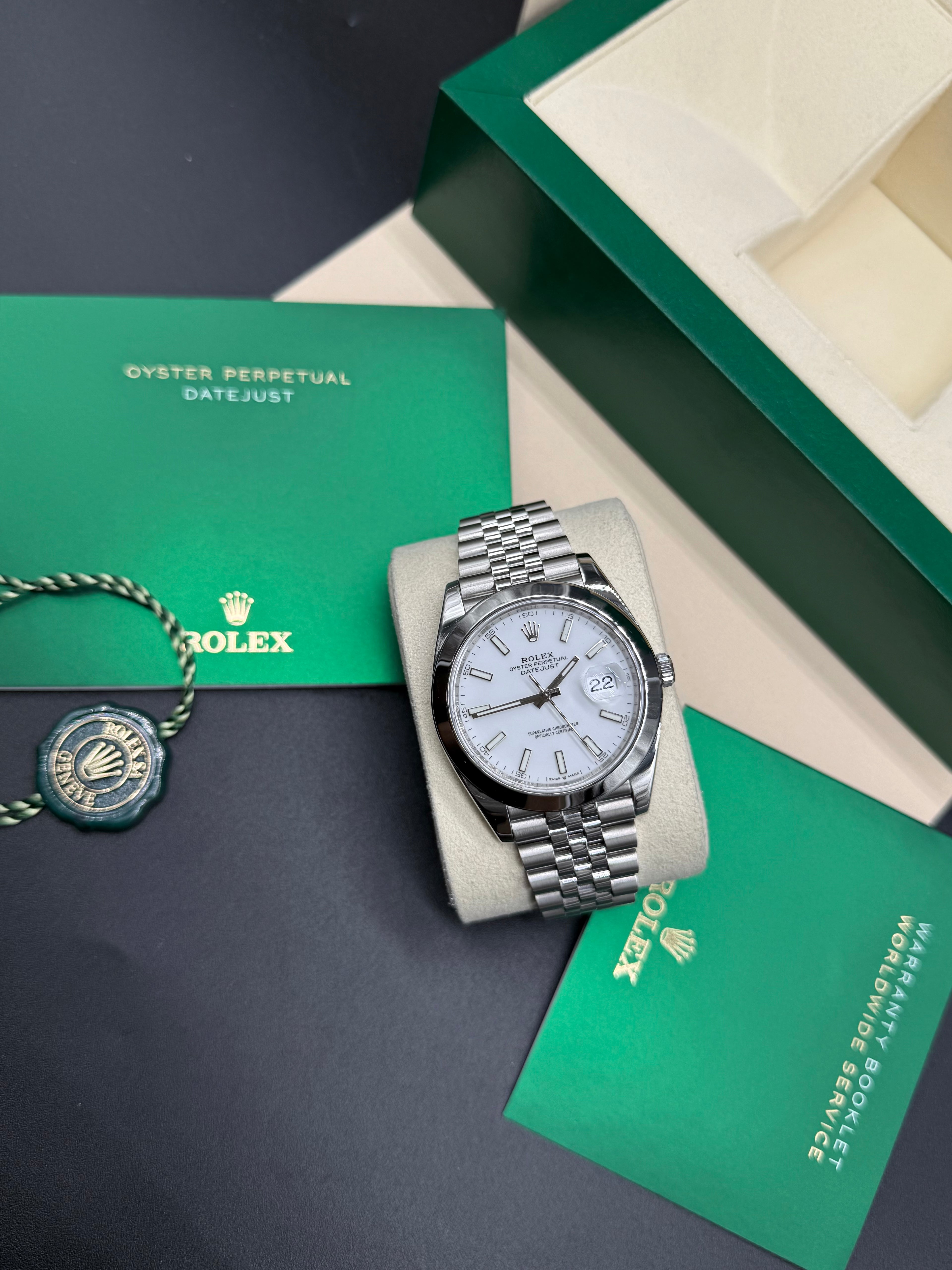 Rolex Datejust 41mm Stainless Steel White Stick Dial Smooth Bezel Jubilee